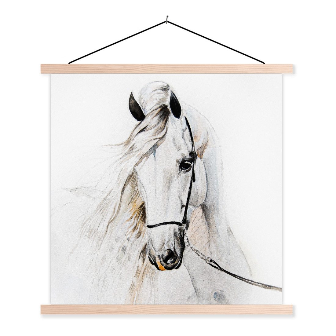MuchoWow Poster Pferd - Aquarell - Tiere - Weiß, (1 St), Posterleiste, Textilposter für Wohnzimmer, Bilderleiste, 40x40 cm
