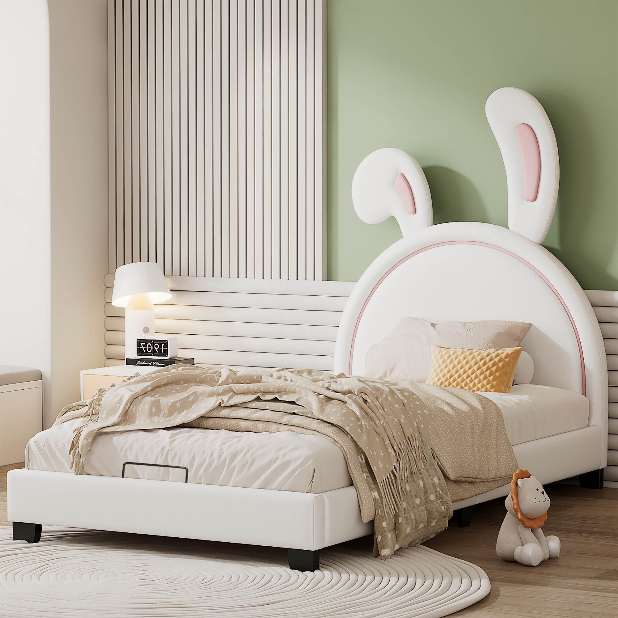 BlingBin Polsterbett Kinderbett mit Lattenrosten und Rückenlehne 90*200cm (1er Set, 1-tlg., Bett ohne Matratzen), Mädchenbett in Hasenohrform mit erhöhten Füßen Weiß | Weiß | Weiß