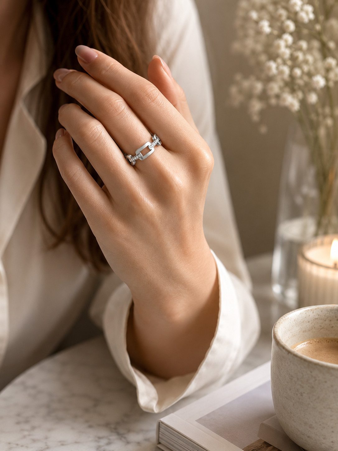 Brise Accessosres Fingerring Edelstahlring Damen verstellbar mit Strass geometrisches Design, Verstellbarer Edelstahlring mit geometrischem Design – Bild 2 von 2