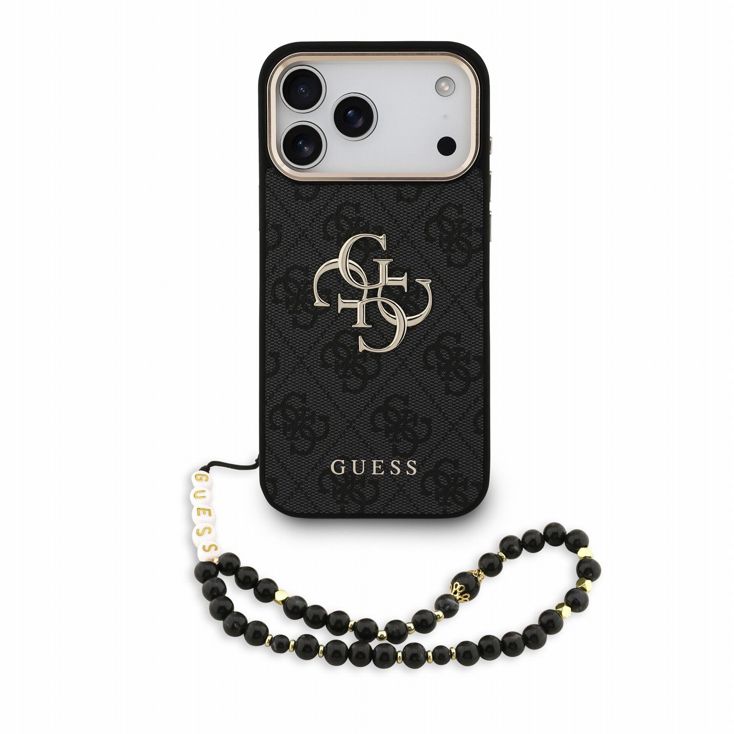 Guess Handyhülle Big Logo 18 Pro Max mit Kette Kunstleder rosa grau braun 6,9 Zoll, Kantenschutz