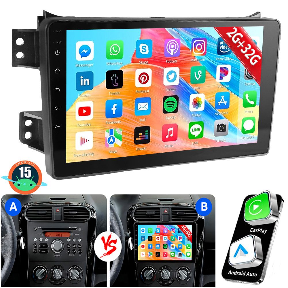 ESSGOO CarPlay 128G Für Opel Agila B 04-14 Suzuki Splash Autoradio Android 15 Autoradio (DAB+ (optional), AM, FM, RDS, 4+64GB(optional)