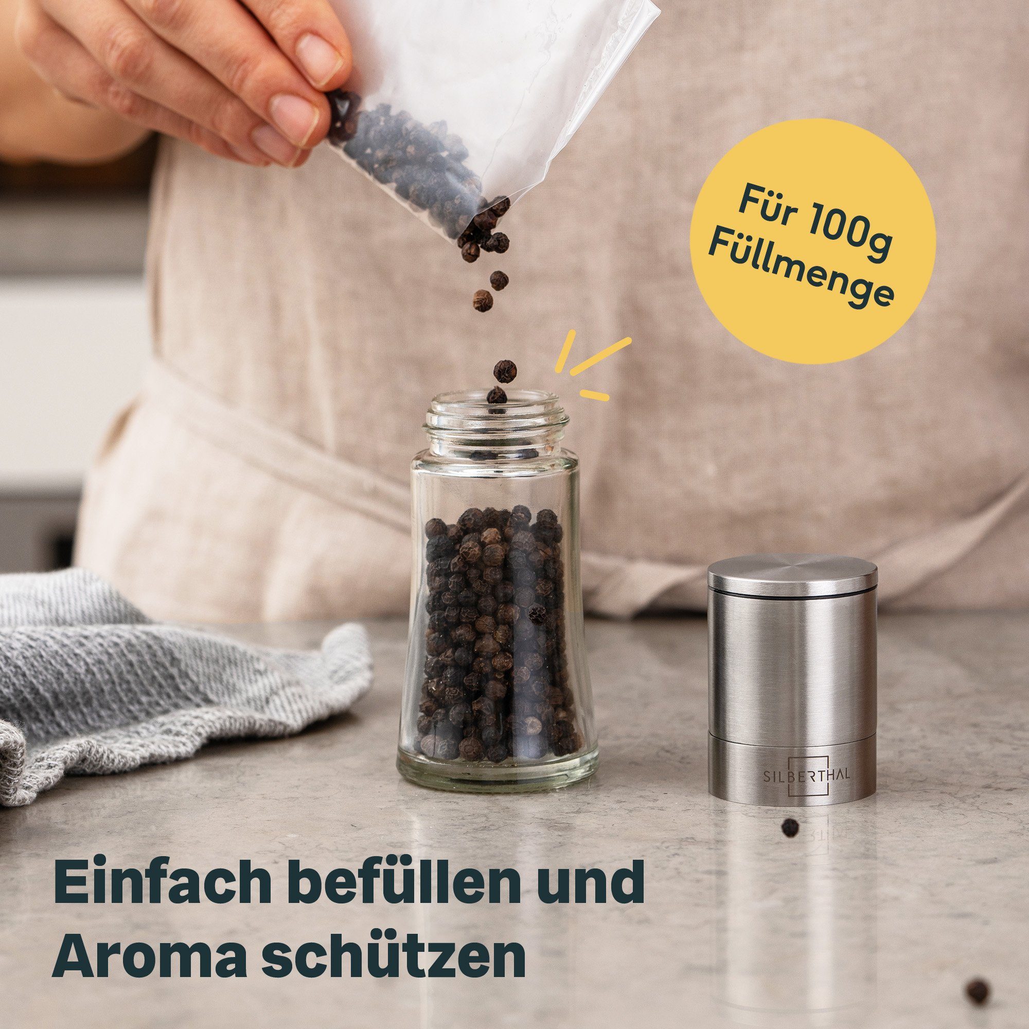 SILBERTHAL Salzmühle Gewürzmühlen 2er-Set mit verstellbarem Mahlwerk Manuell, (2 Stück), einstellbarer Mahlgrad