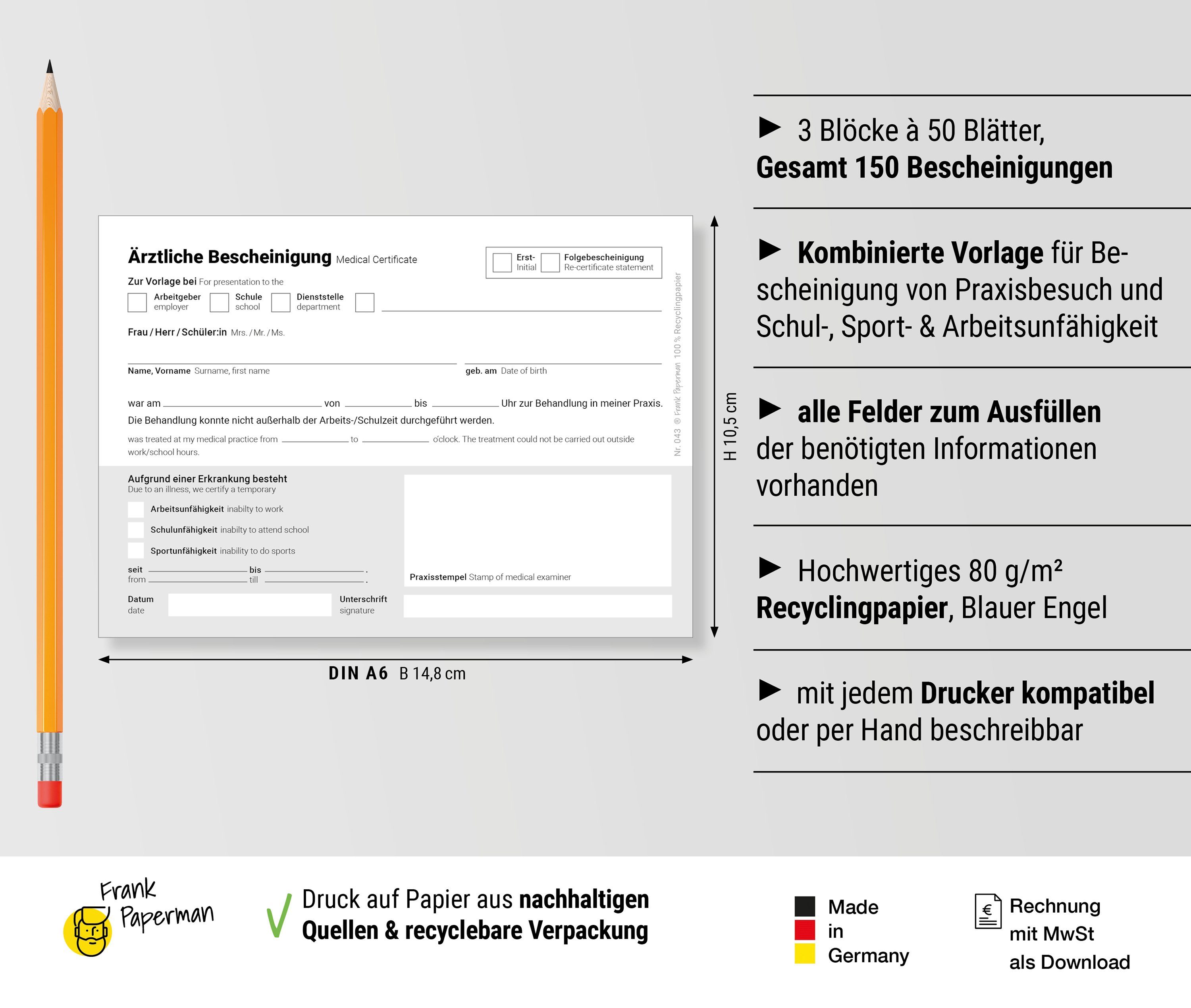 Frank Paperman Formularblock Ärztliche Bescheinigung, Block à 50 Blatt, Behandlungbescheinigung, 100 % Recyclingpapier, Sportunfähigkeit, Krankschreibung