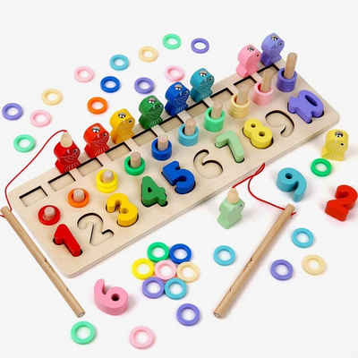 Wenta Lernspielzeug Montessori Spielzeug aus Holz für Kinder ab 3 4 5 Jahre (Holzspielzeug Puzzlespiel Set), Angelspiel Stapelnspiel zum Zählen Sortieren mit Farben Formen Kleinkinder Mathematik Lernspielzeug