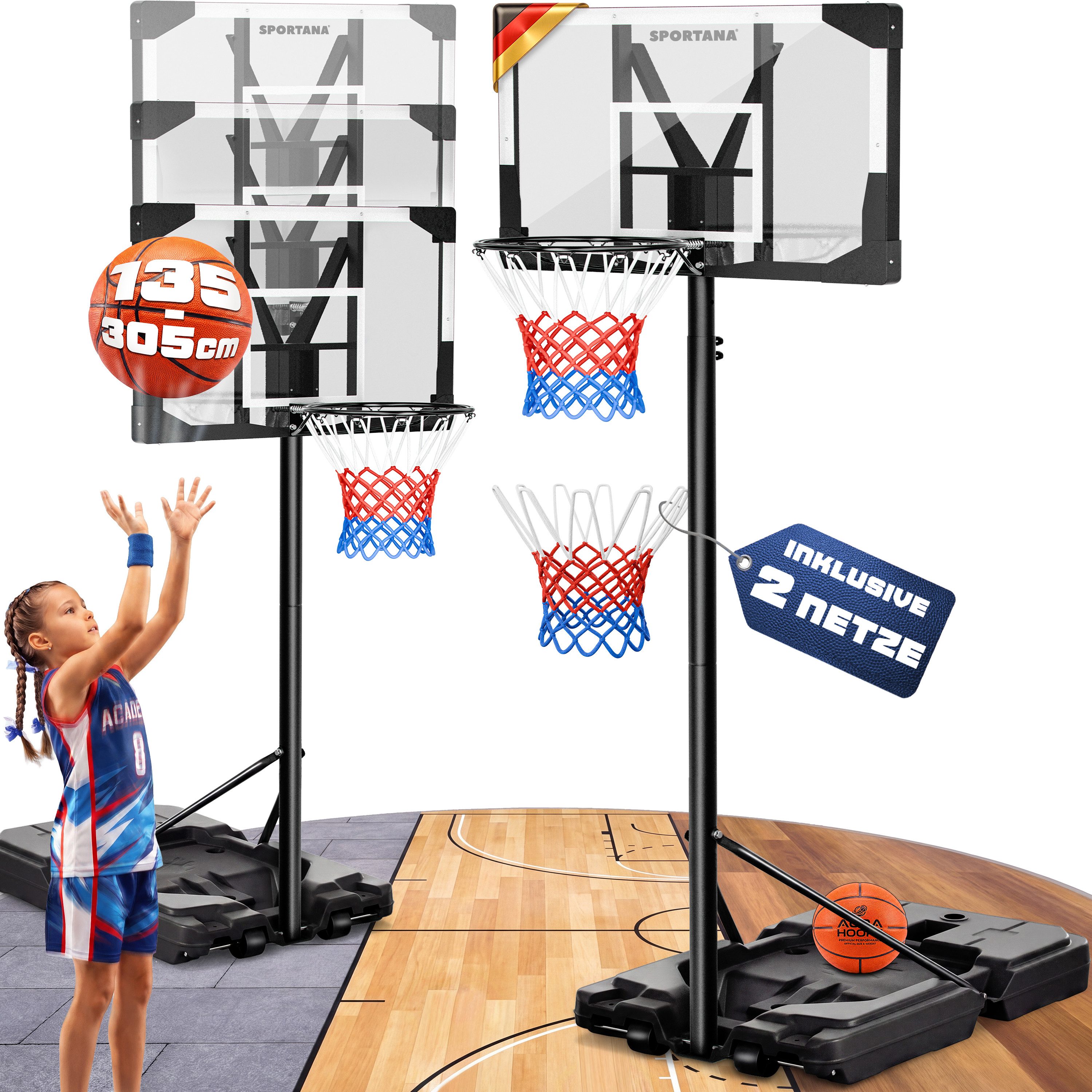 Sportana Basketballkorb, Outdoor höhenverstellbar 135–305 cm Ständer Hoop Großer Standfuß