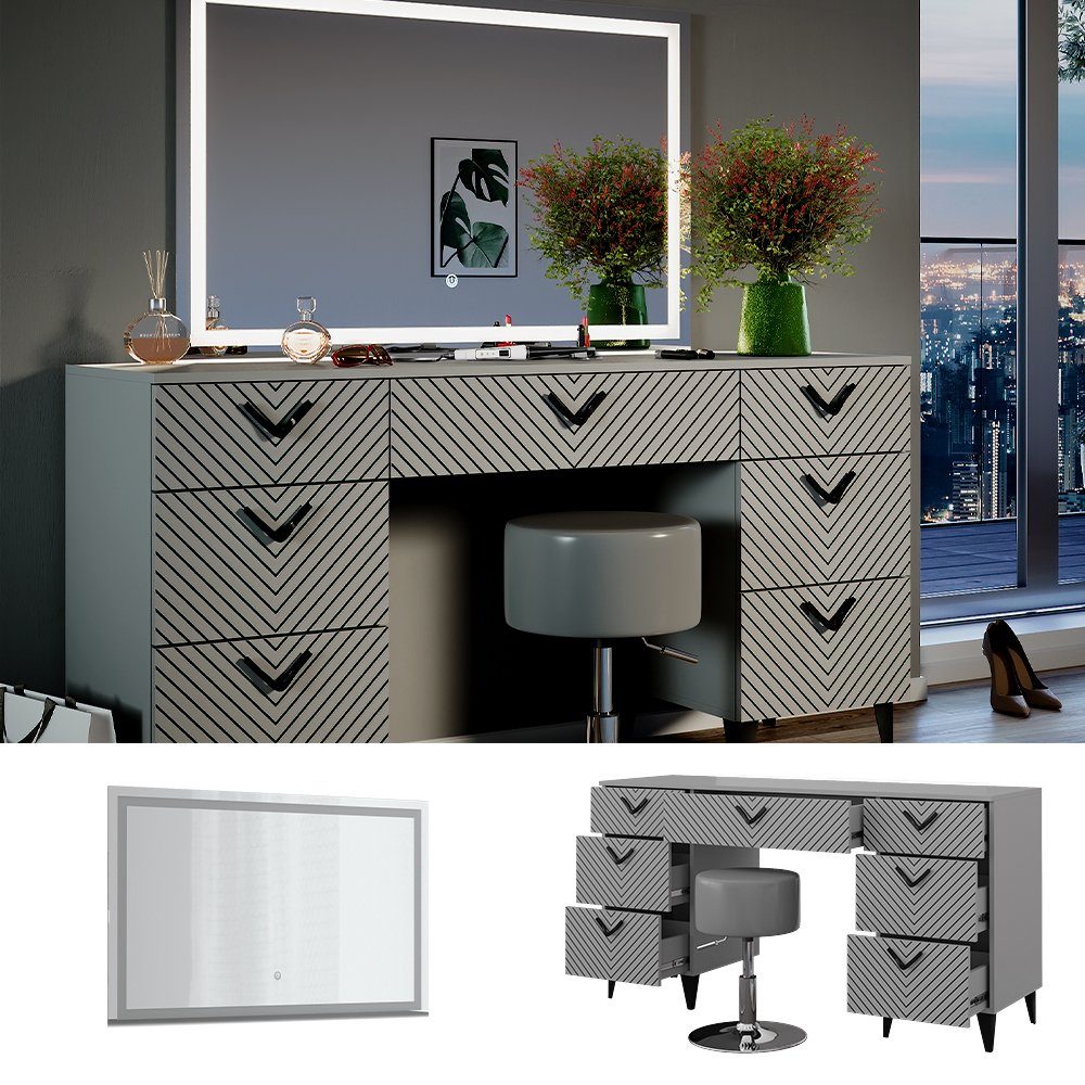 Vicco Schminktisch Anett, Grau, 150 cm mit LED Spiegel und Hocker günstig online kaufen