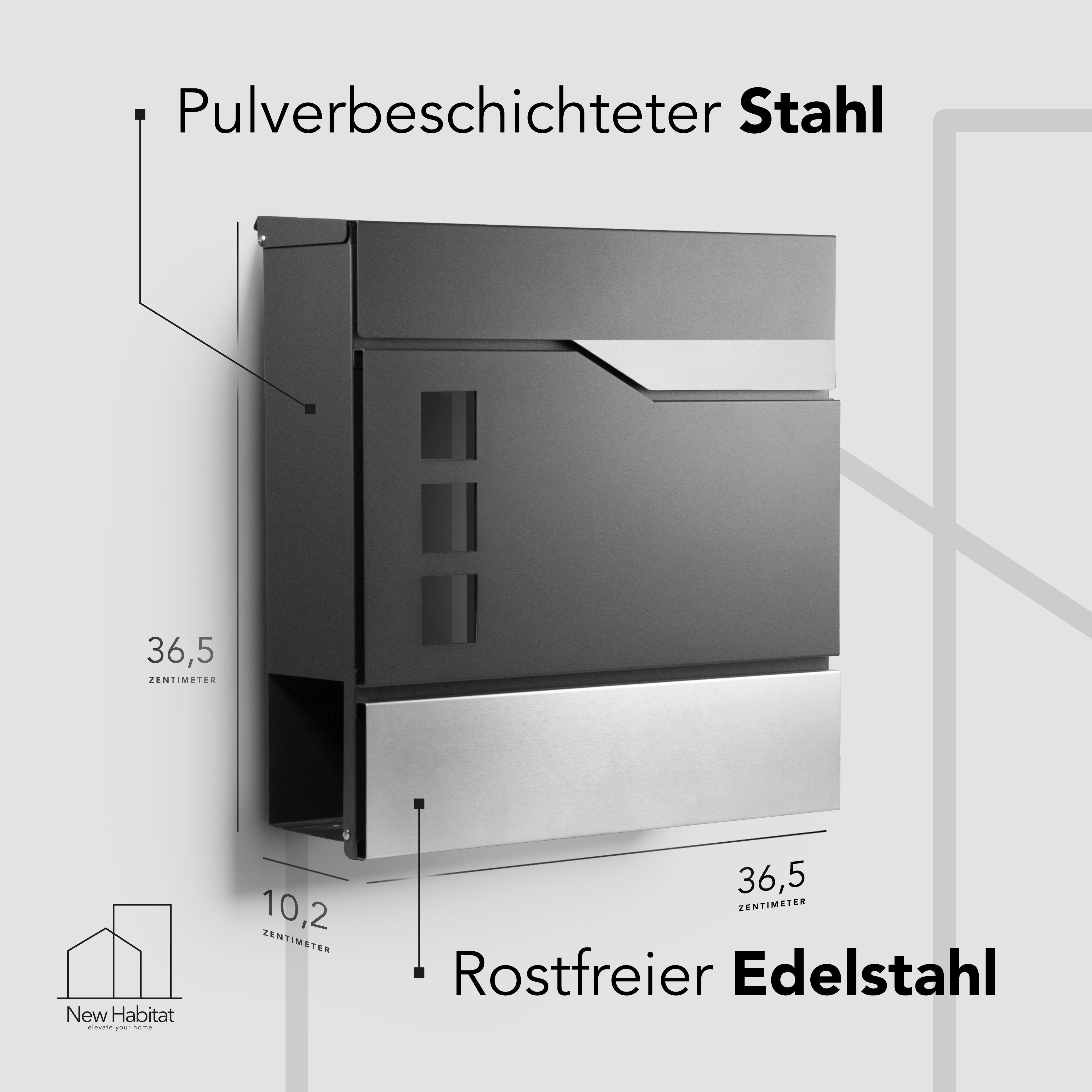 NewHabitat Briefkasten Moderner Wandbriefkasten Personalisierbar Anthrazit RAL7016 (Komplettset, Modell: Oslo), Rostfrei