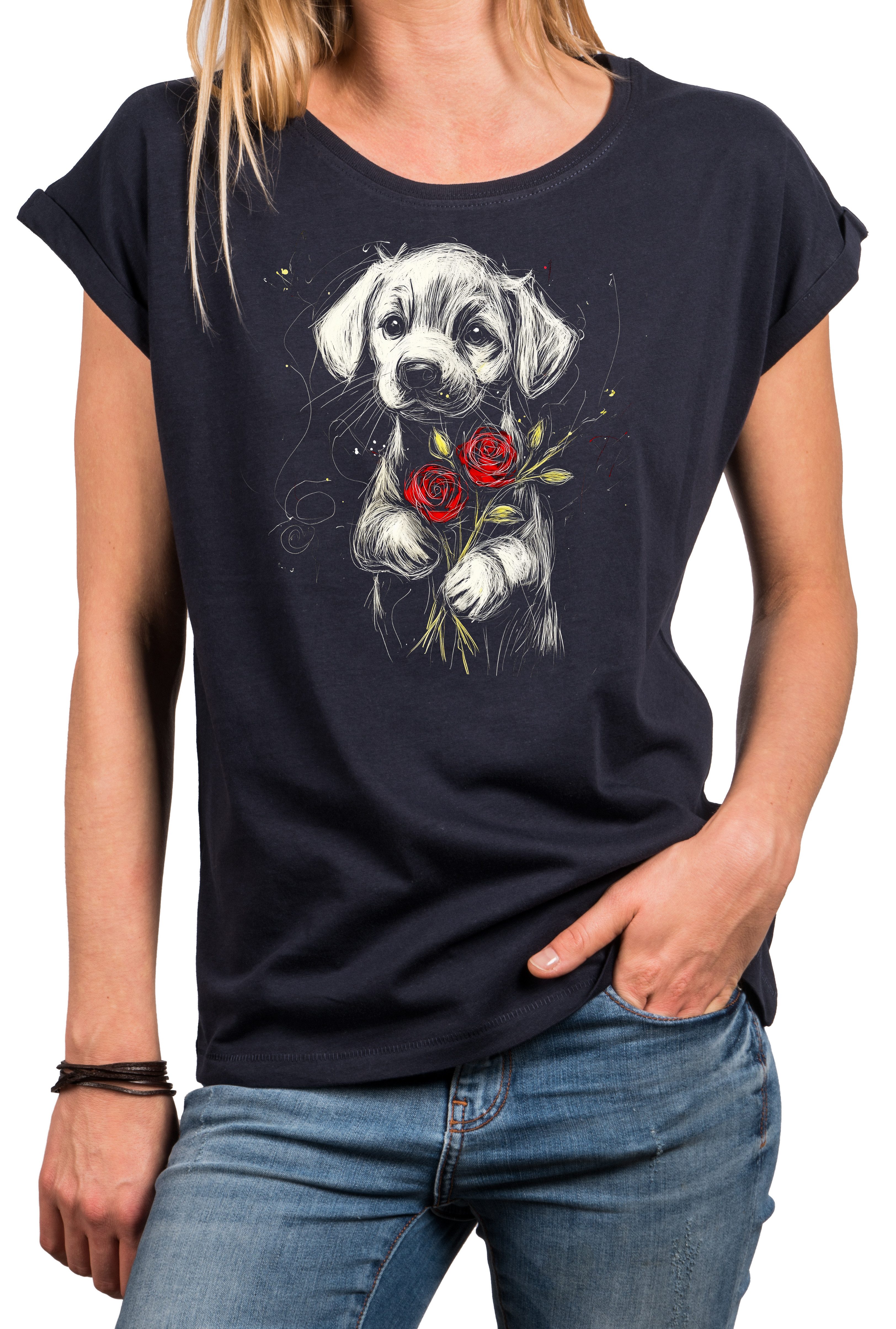 Kurzarmshirt mit Hundemotiv für Damen Rosen Blumen Hunde Aufdruck