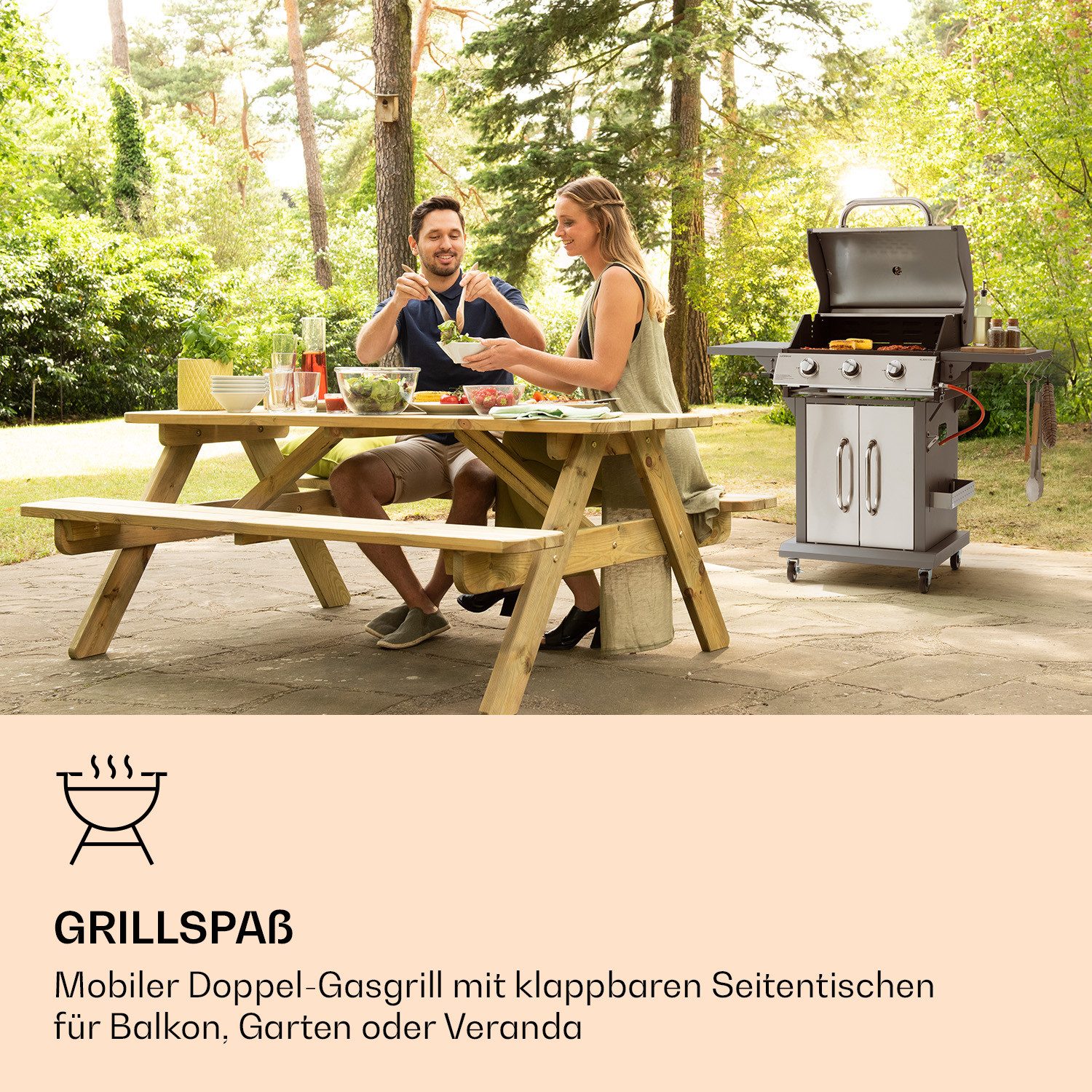 Klarstein Gasgrill Lucifer, Kombi-Set, Set, Gas Grill Smoker BBQ Edelstahl 3 Brenner Garten Mobil