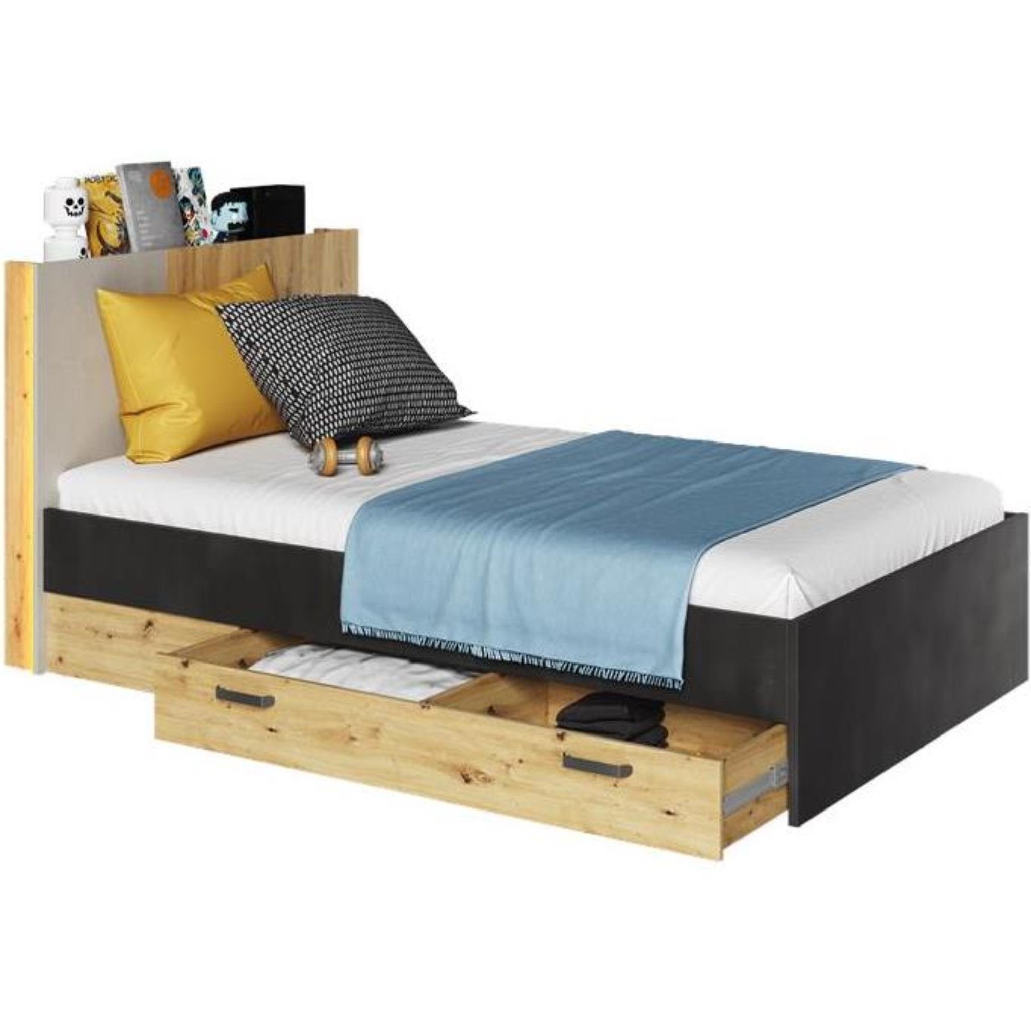 mit im Bett Einzelbett Beautysofa 2 Bettkasten, Schubladen, Stil Holzbett Qubic Holzgestell), LED-Beleuchtung, modernes (inkl.