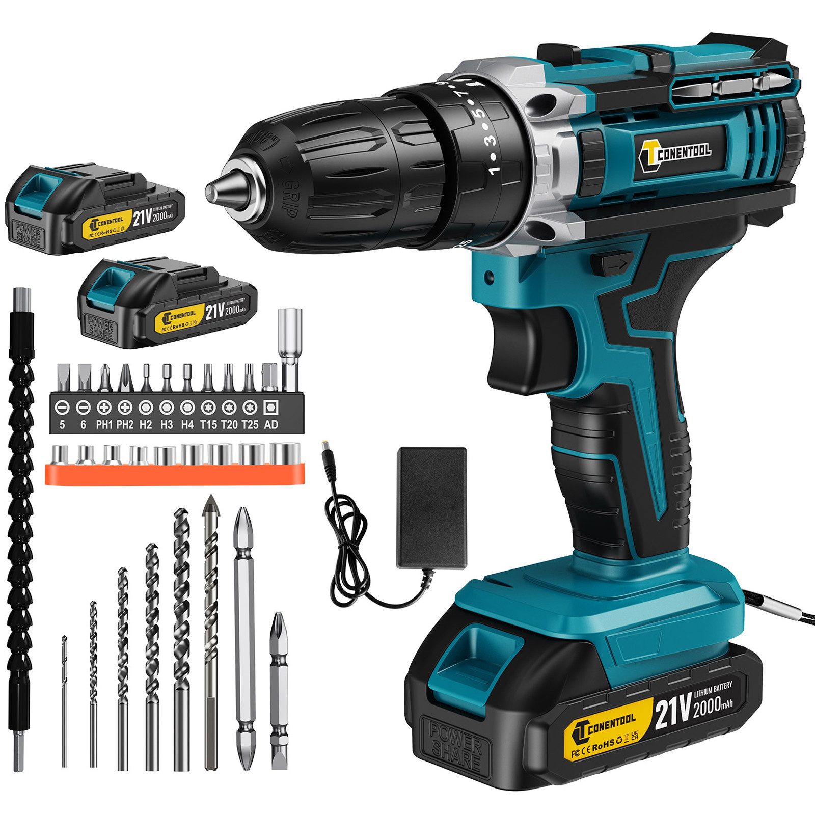 CONENTOOL Akku-Schrauber Akkuschrauber und Bohrschrauber, 1850 U/min, 45 Nm, (Set, 21V), mit 2 x 2000mAh Akkus & 30-tlg. Zubehörset Akku-Schlagbohrschrauber