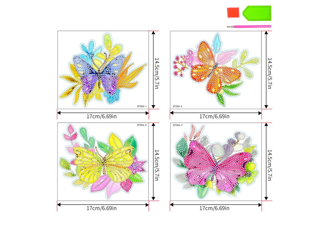Thumbnail - Refttenw Malen nach Zahlen Schmetterling Diamond Painting 5D Diamant Malerei Aufkleber Kit (4-St), 17x14.5cm Wanddekorat...