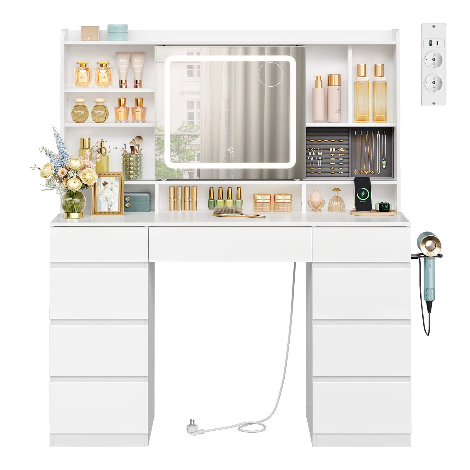 Woltu Schminktisch, mit LED-Beleuchtung und Steckdose, mit Verschiebbarer Spiegel