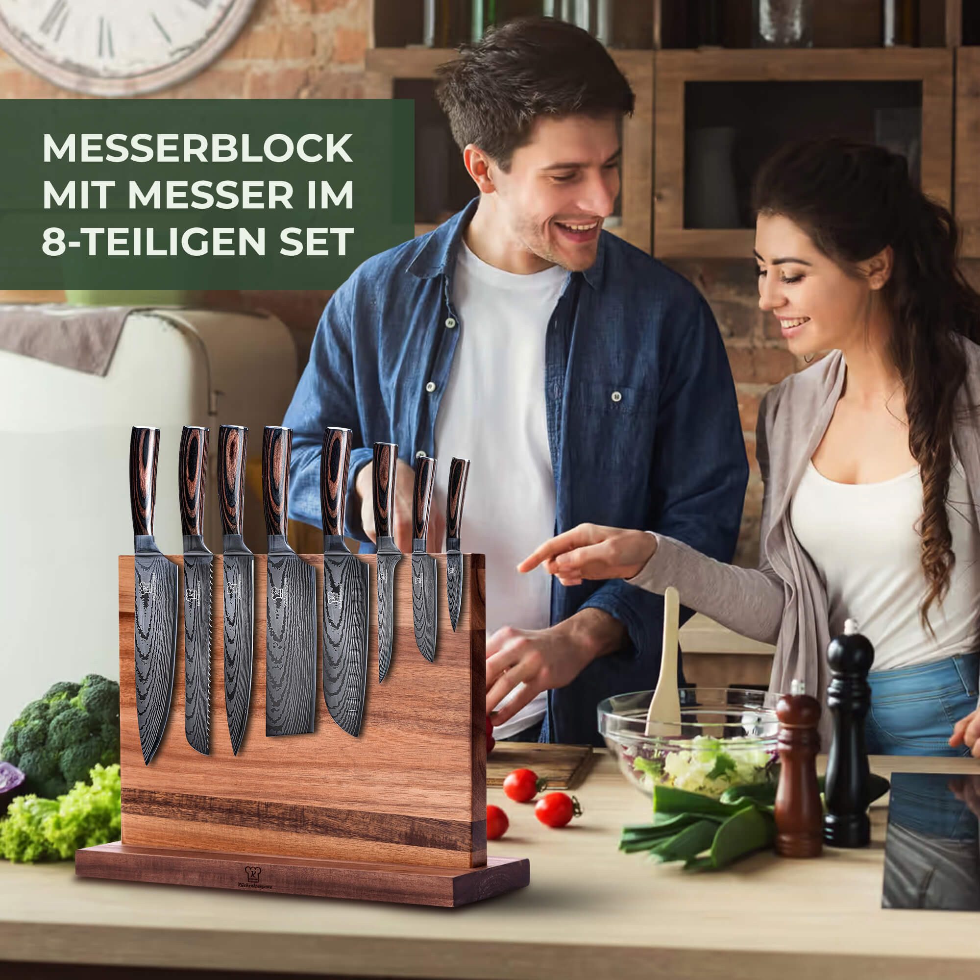 Küchenkompane Messer-Set Messerblock-Set 9-tlg. – Edelstahl Küchenmesser & Magnet-Block (9-tlg)