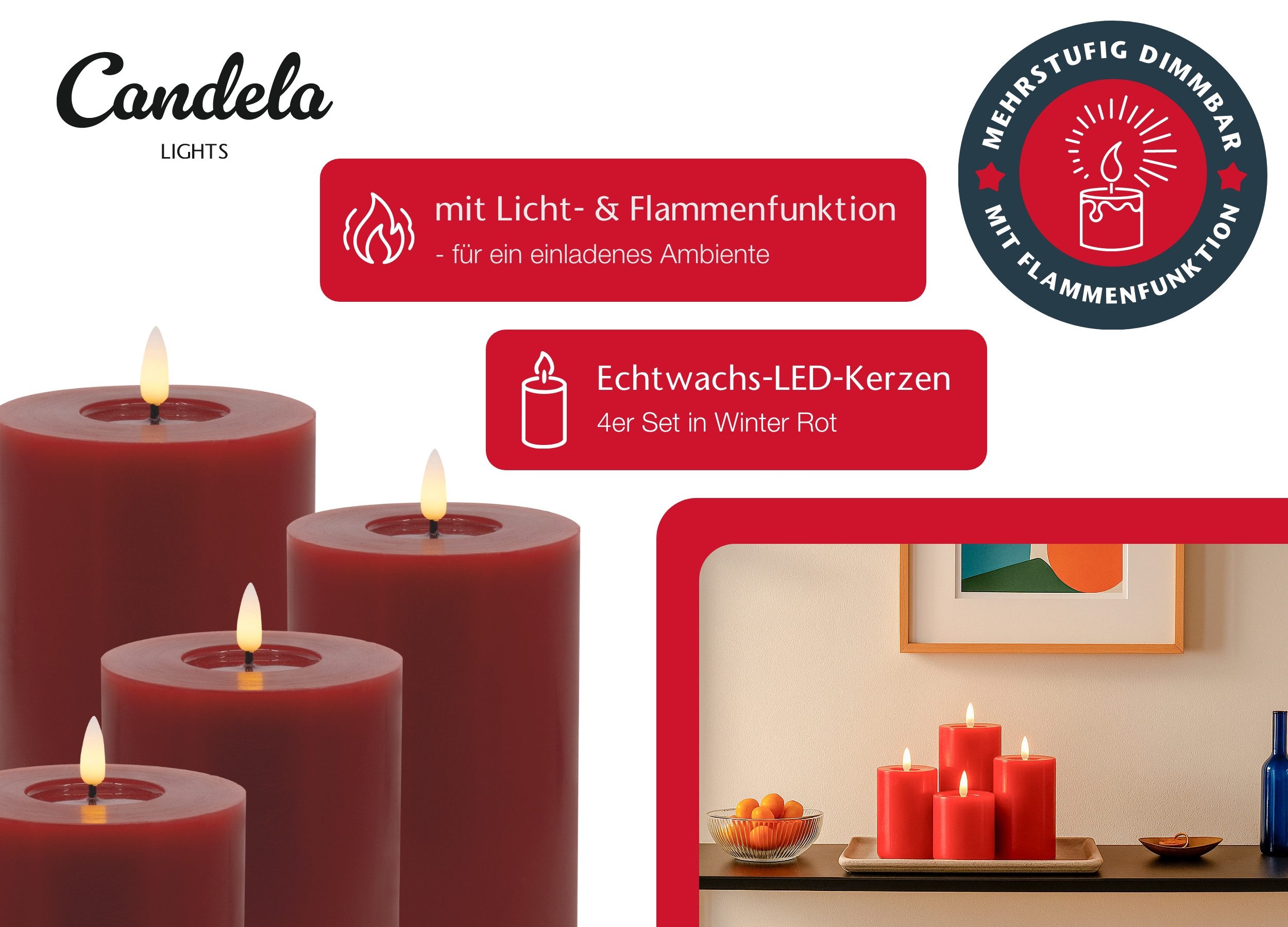 LC Home LED-Kerze Candela Lights LED Kerzen Echtwachs 4erSet mit Fernbedienung Batterien (Komplett-Set), LED Kerzen mit Timerfunktion Fernbedienung Dimmbar – Bild 5 von 5