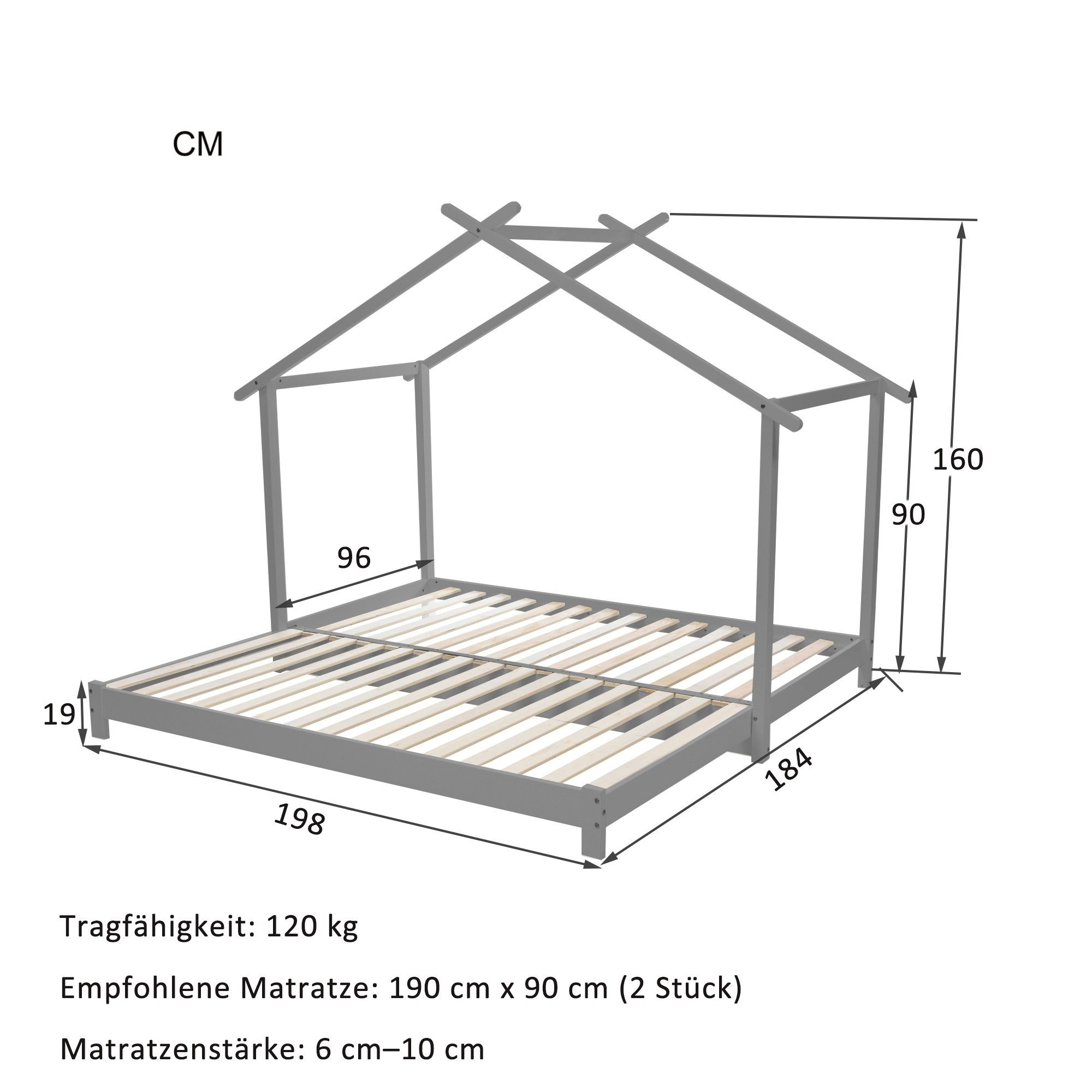 Hausbett Kinderbett umbaubar Bett 190cm ohne weiß, x 90 Einzelbett WISHDOR grau Kinderbett /180 Lattenrost Bett Matratze (mit Bodenbett),