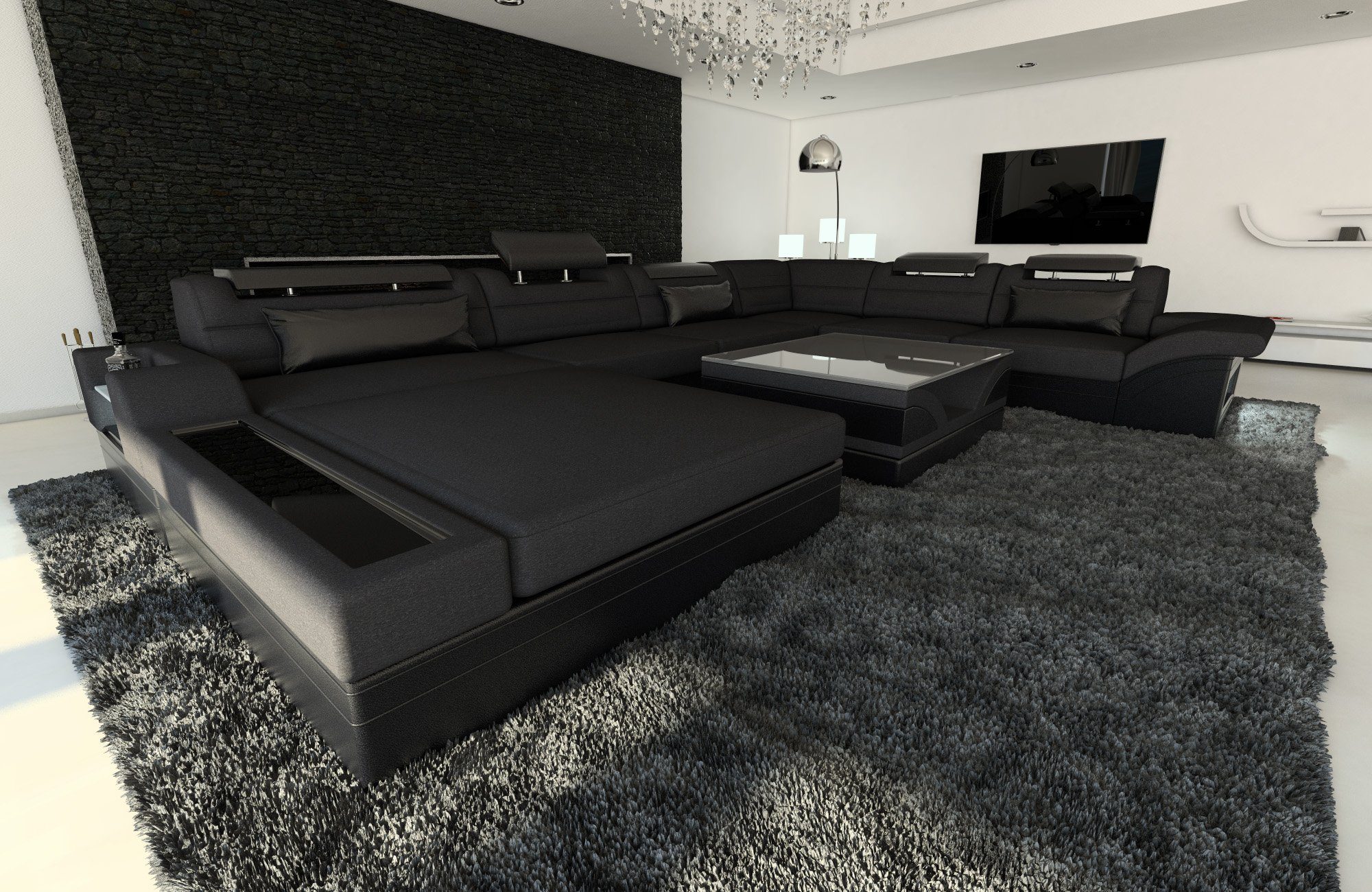 Sofa Dreams Wohnlandschaft Polster Stoff Sofa Mezzo XXL U Form Stoffsofa Couch, mit LED, wahlweise mit Bettfunktion als Schlafsofa, Designersofa C33 Schwarz-Schwarz