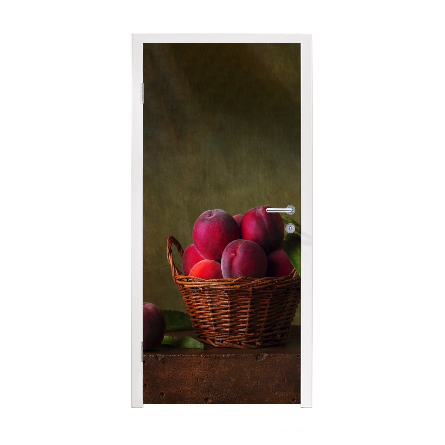 MuchoWow Türtapete Korb - Pflaume - Rosa - Rustikal - Obst - Stilleben, Matt, bedruckt, (1 St), Fototapete für Tür, Türaufkleber, 75x205 cm