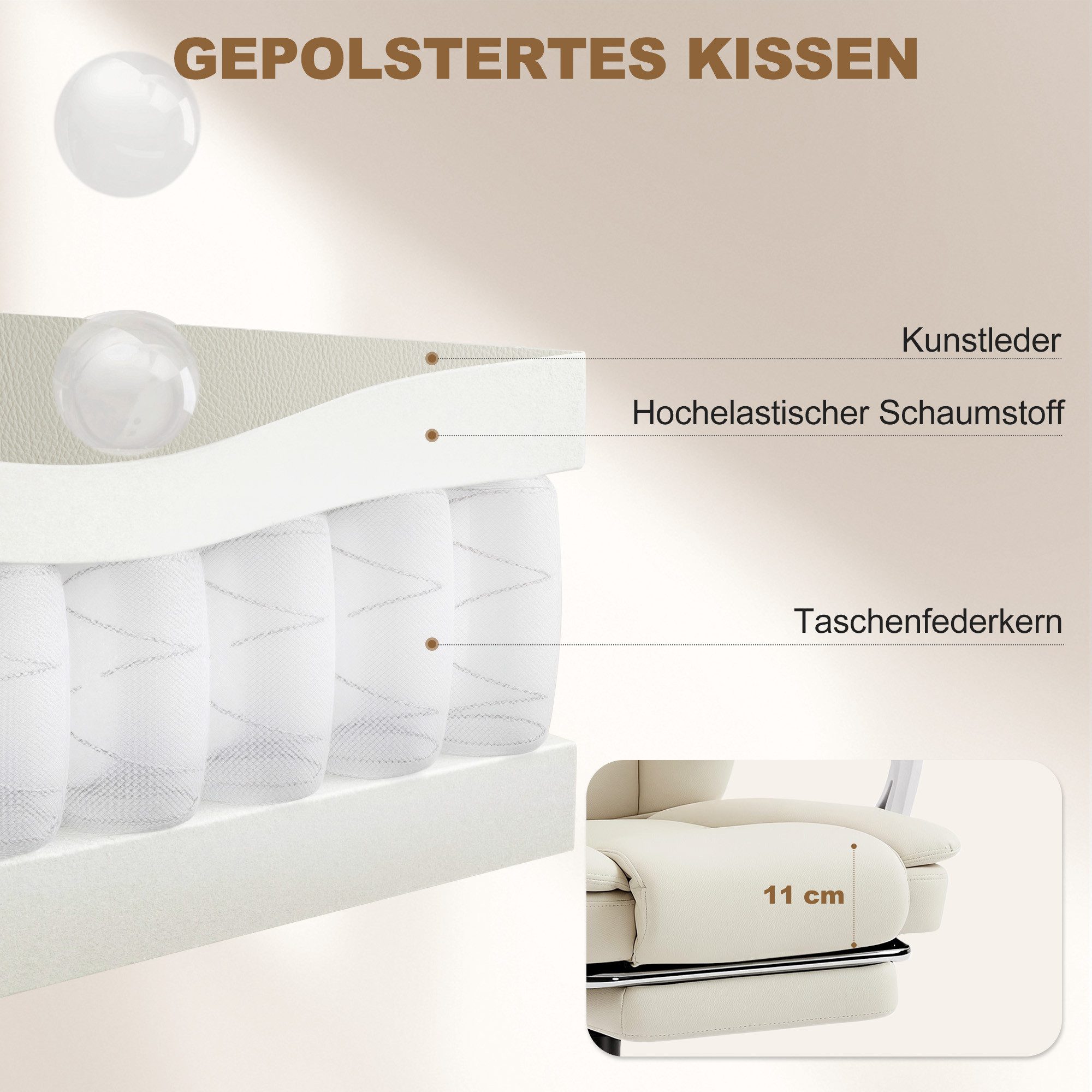 HOMCOM Schreibtischstuhl Bürostuhl, Kunstleder, gepolstert, bis 120 kg belastbar, Beige (Bürostuhl mit Liegefunktion, 1 St), höhenverstellbar Drehstuhl mit Fußs – Bild 5 von 5