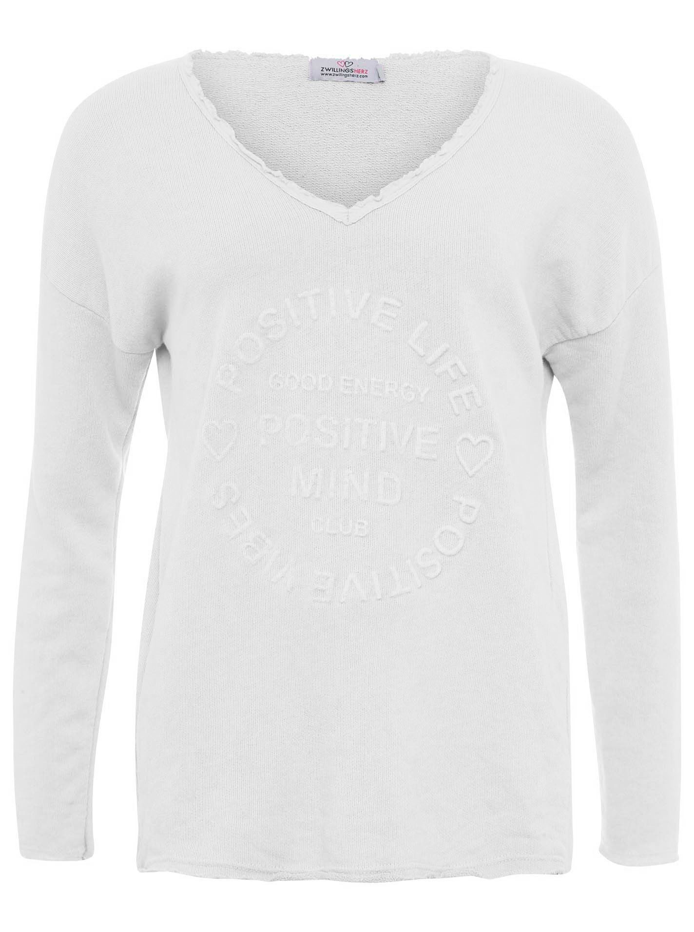 Zwillingsherz Sweatshirt "Positive Mind" ausgefranster V-Ausschnitt, Used Look, Langarm, Schriftzug – Bild 2 von 5