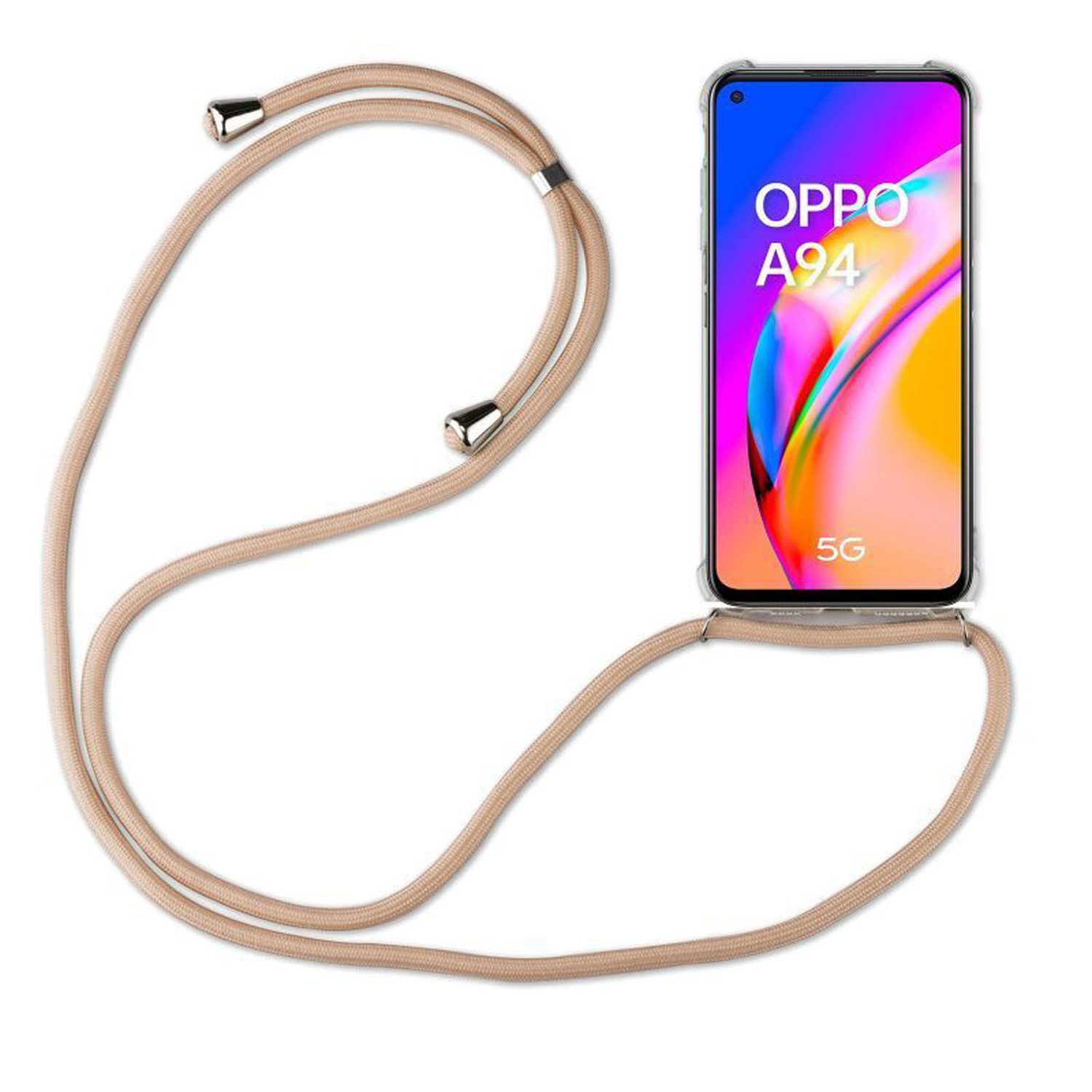betterfon Handykette für Oppo A94 5G Handyhülle mit Band & Kordel Bumper Beige/Braun, Hände frei – mit Silikonhülle & Schnur für flexiblen Alltag