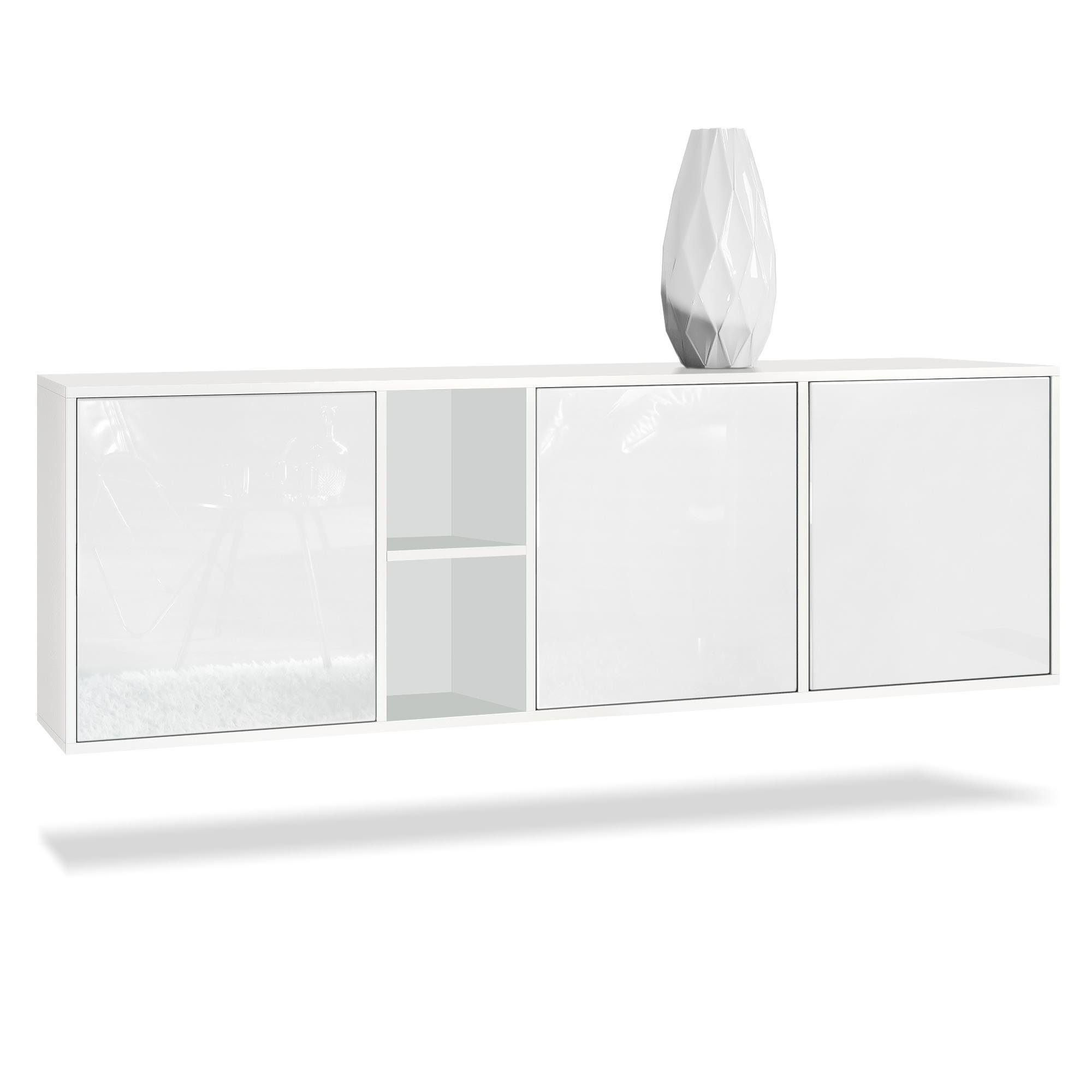 Vladon Sideboard Cuba (Kommode, mit 3 Türen und 2 offene Fächer), Weiß matt/Weiß Hochglanz (182 x 53 x 35 cm)