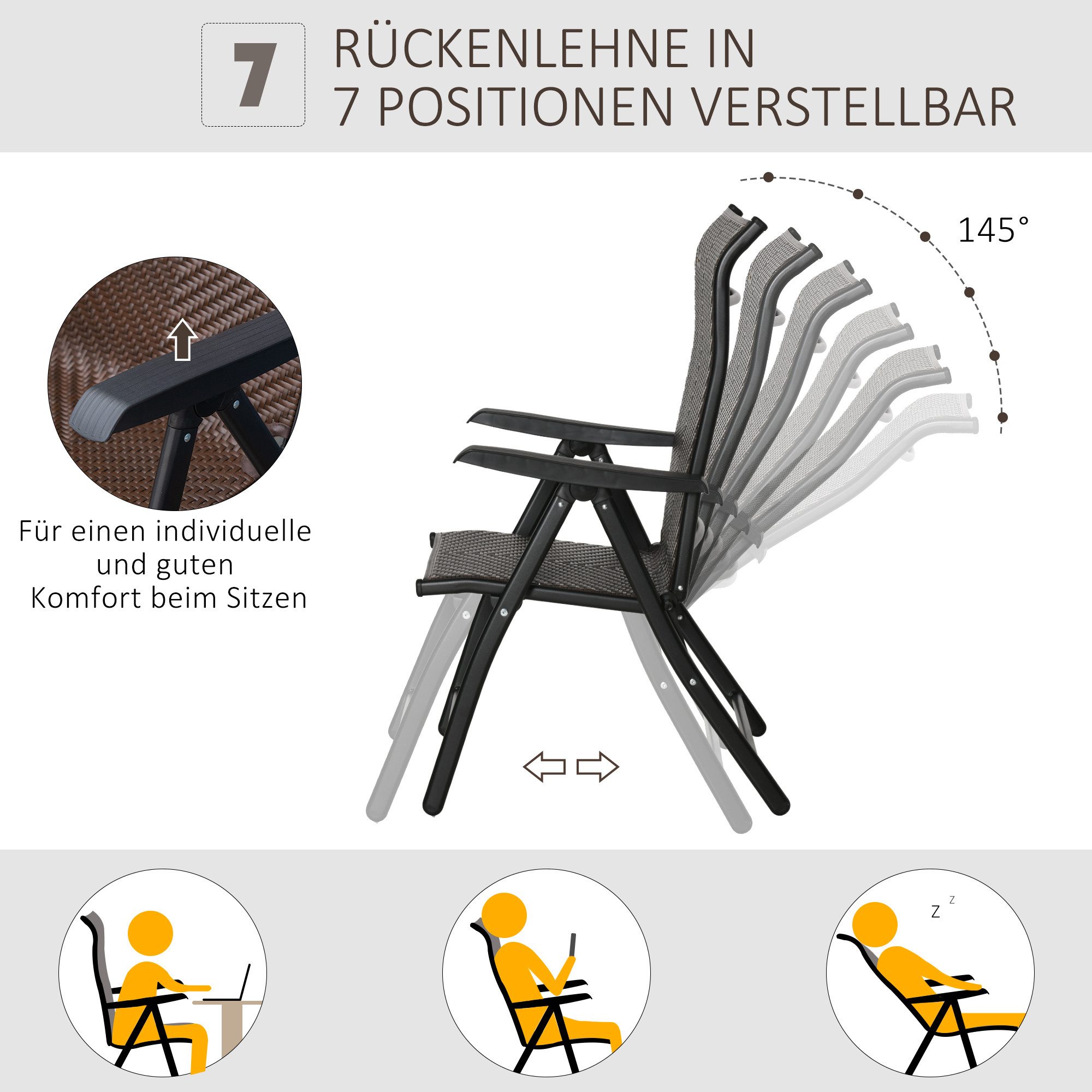 CHICFURN Gartenstuhl Polyrattan Klappstuhl mit 7-stufig verstellbarer Rückenlehne (mit Armlehne, Faltbarer Gartenstuhl für Balkon, Terrasse & Garten, 1 St), 58 x 71 x 111 cm Leichter Outdoor-Stuhl mit flexibler Sitzposition