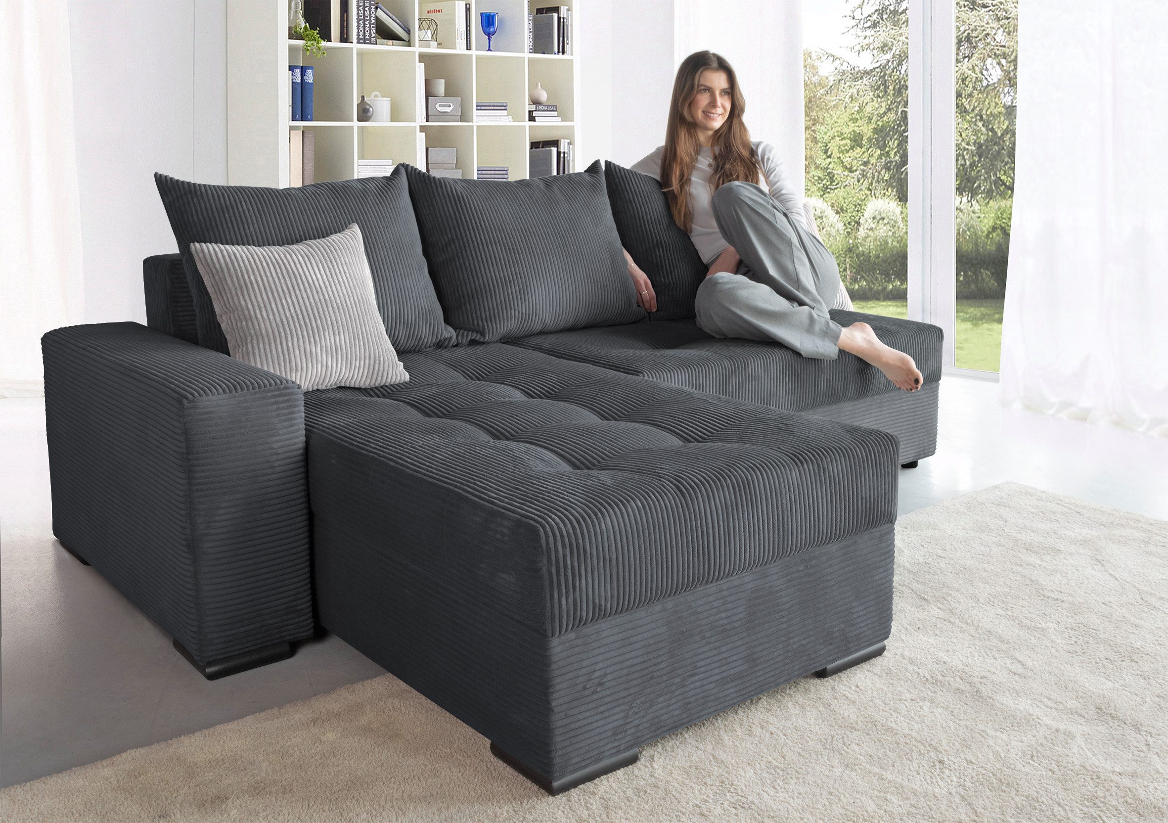 COLLECTION AB Ecksofa Josy L-Form, B: 214 cm in Cord, Cord-Mix, mit Bettfunktion, Bettkasten & 2 Zierkissen, Federkern