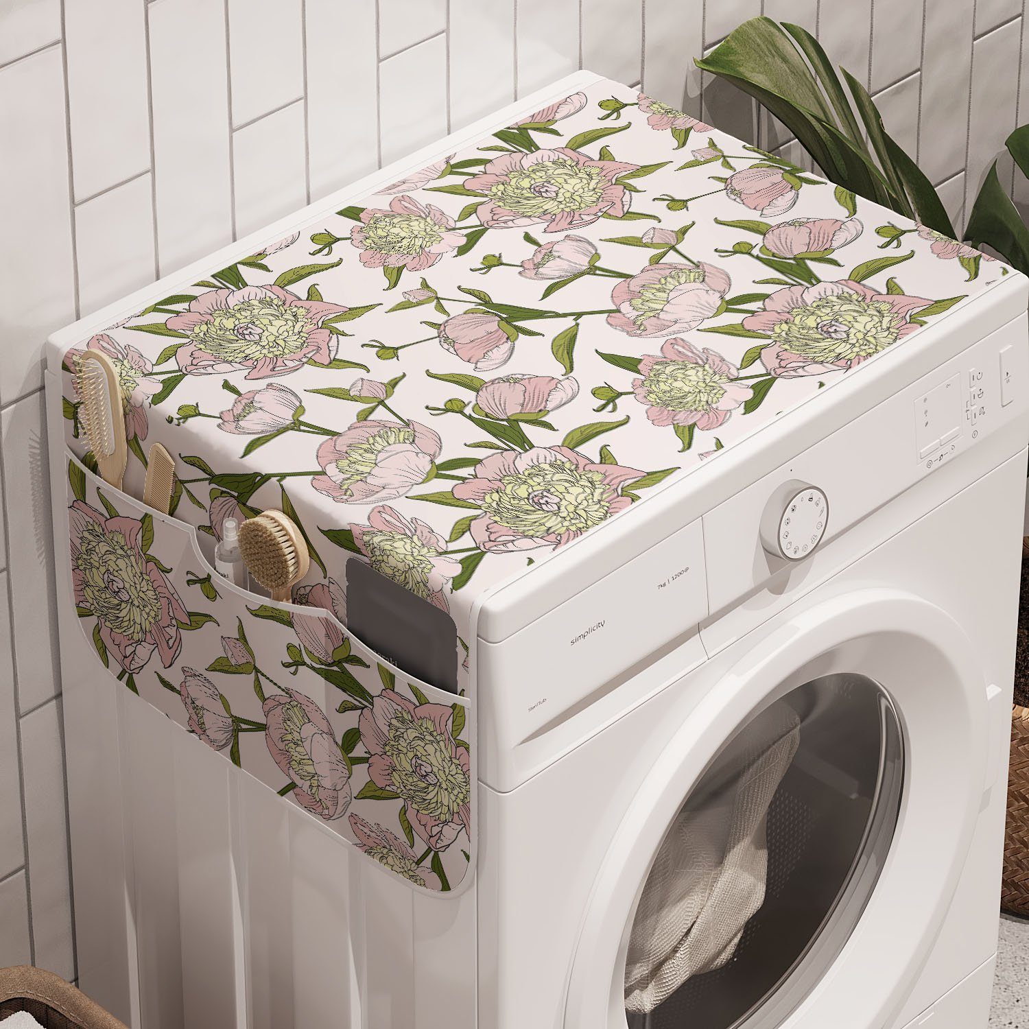 Waschmaschine Abakuhaus Muster Trockner, für Blumen Pfingstrose Blühende Anti-Rutsch-Stoffabdeckung Badorganizer und