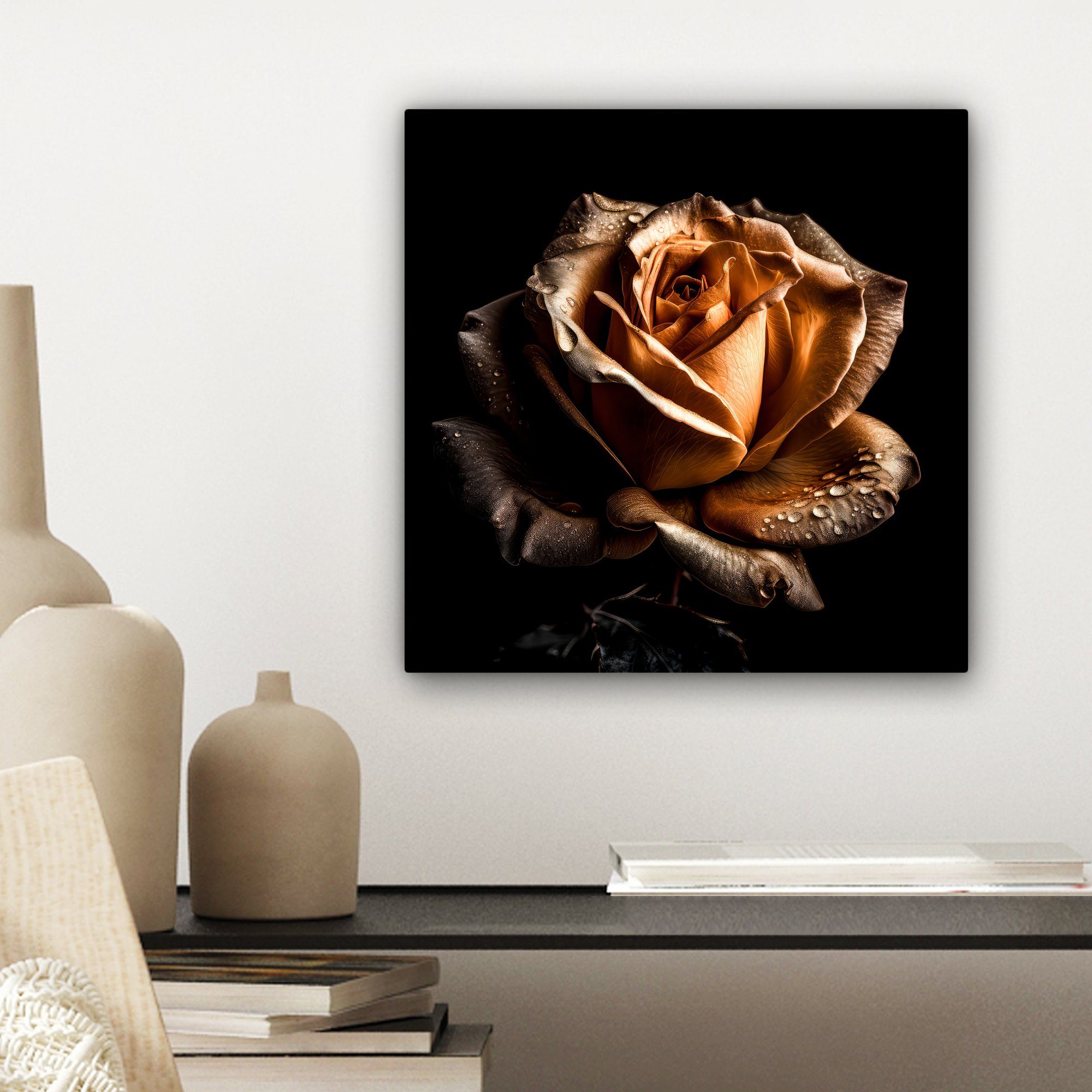 - (1 Rose Schlafzimmer, 20x20 für St), cm - Wohnzimmer - Gold Bilder Botanisch OneMillionCanvasses® Blumen Schwarz, Leinwand Leinwandbild