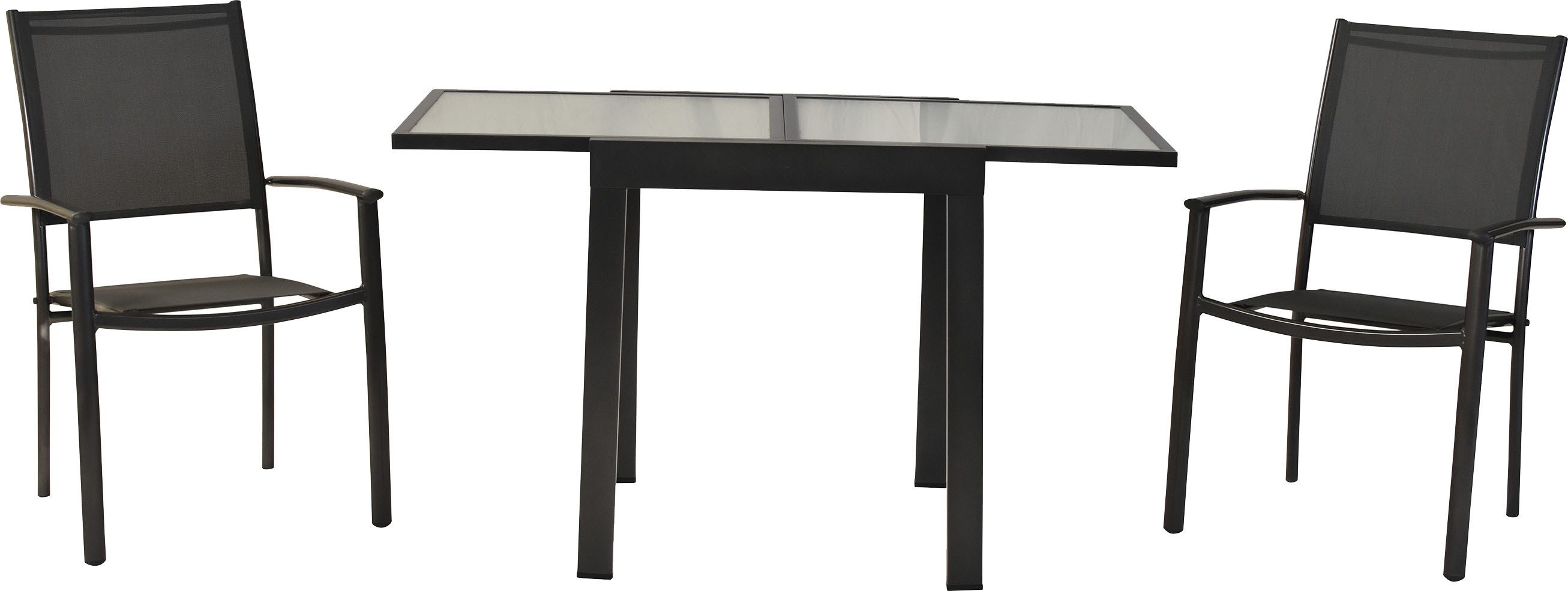 MERXX Balkonset »Milano«, (Set, 3-tlg), Sessel stapelbar, matte Glasplatte