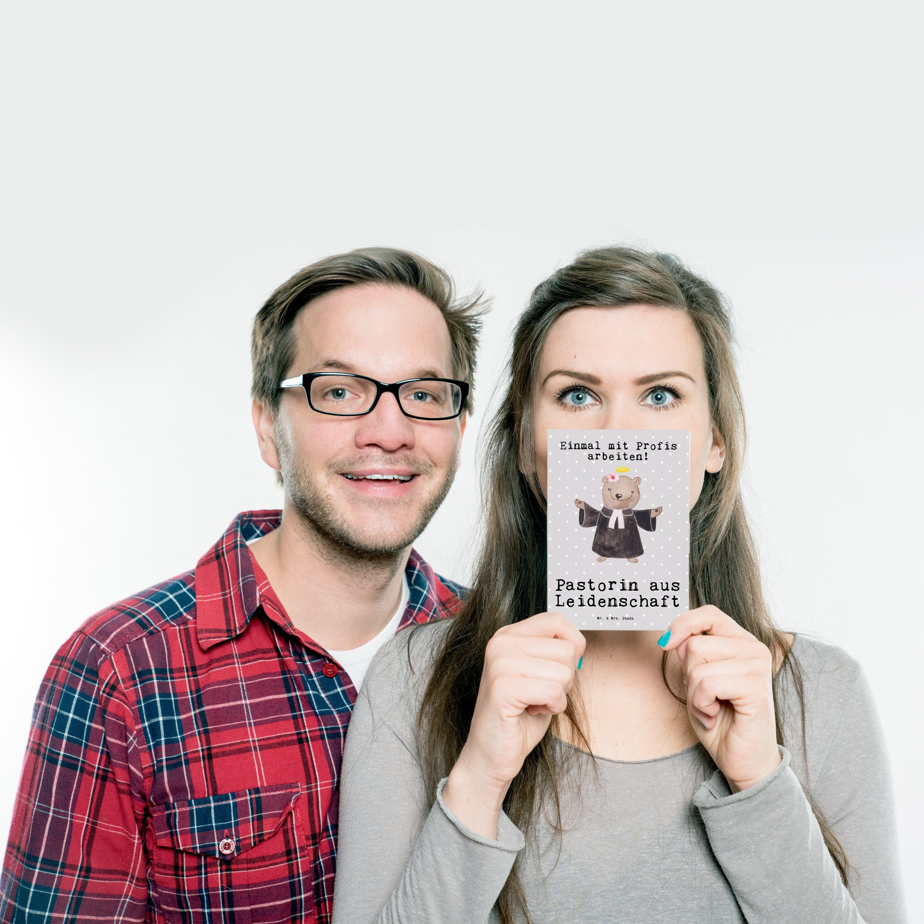 Mr. & Mrs. Panda Postkarte Pastorin aus Leidenschaft - Grau Pastell - Geschenk, Kirche, Geschenk