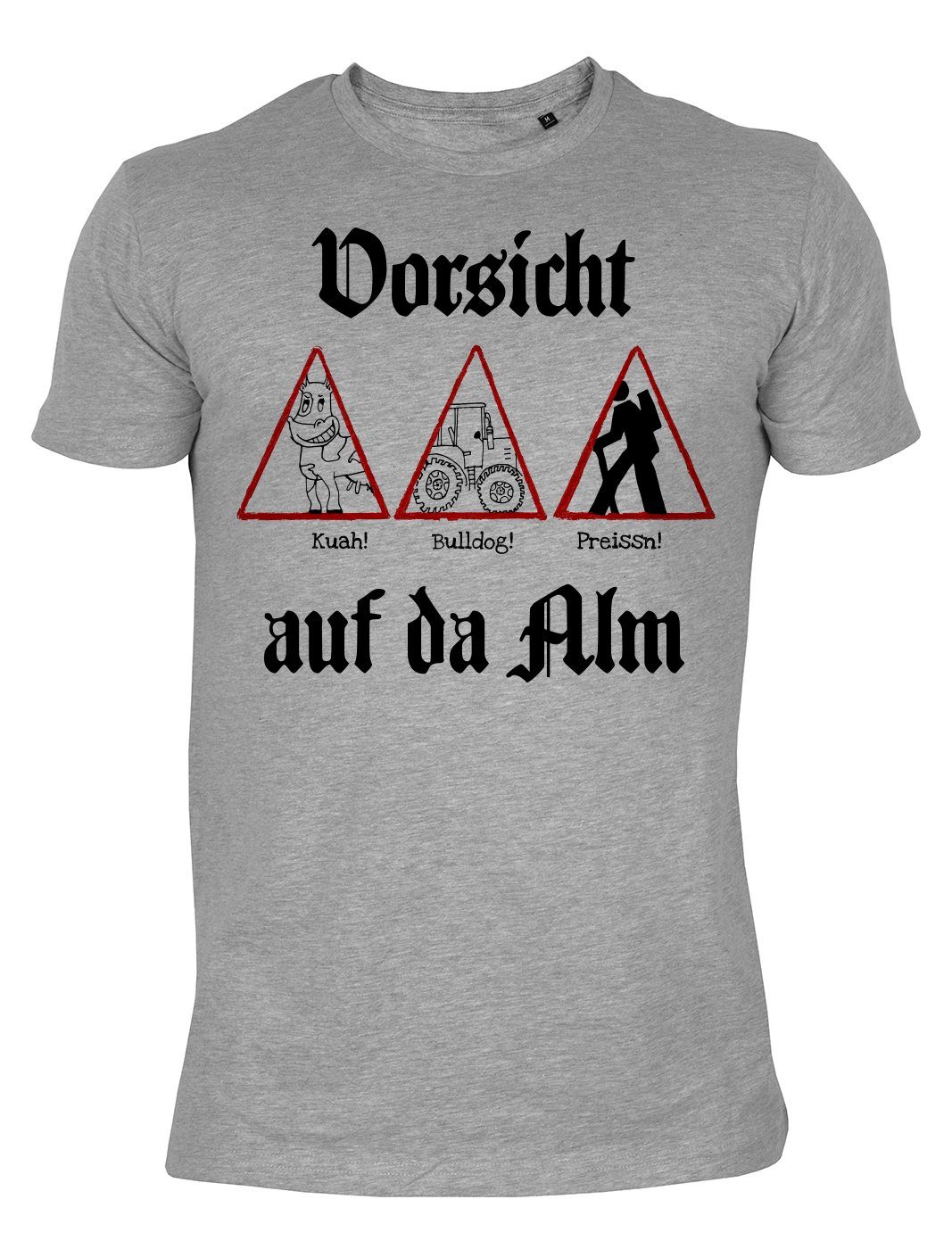Tini - Футболки Print-Shirt Wanderer Bergsteiger lustiges Motiv Wanderer Sprüche T-Shirt Alm, Berge : Vorsicht Kuah Bulldog Preissn auf da Alm