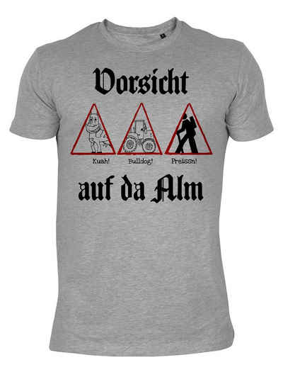 Tini - Shirts Print-Shirt Wanderer Bergsteiger lustiges Motiv Wanderer Sprüche T-Shirt Alm, Berge : Vorsicht Kuah Bulldog Preissn auf da Alm