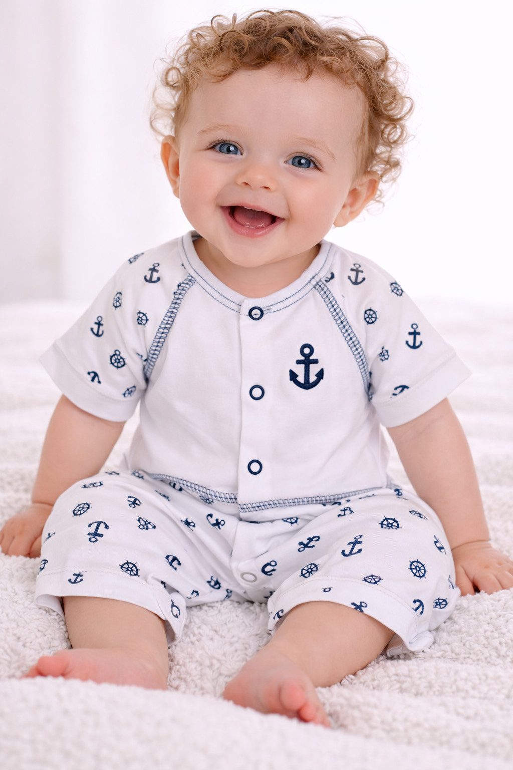 La Bortini Spieler Baby Romper in Blau mit Ankermuster kurzer Strampler aus reiner Baumwolle