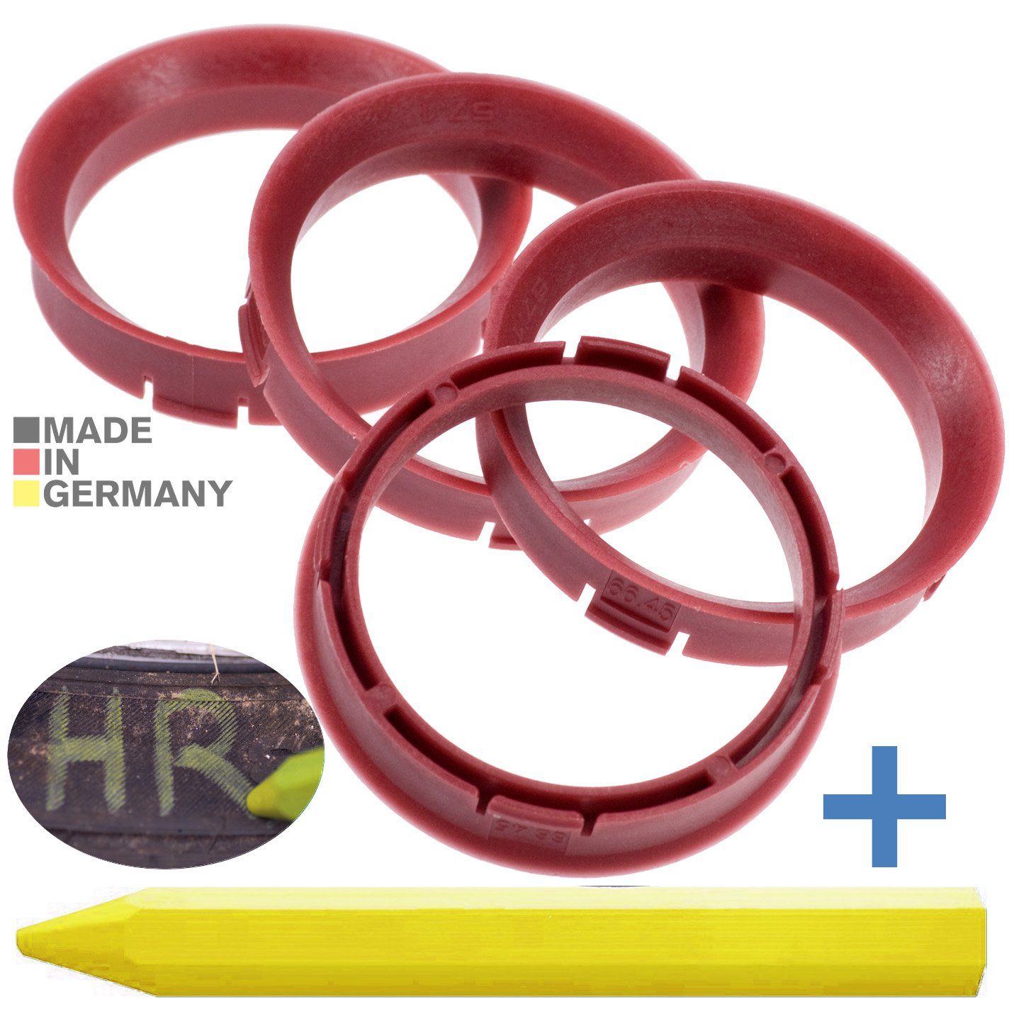 BRANDT AUTOMOTIVE Reifenstift 4X Zentrierringe Rot Felgen Ringe + 1x Reifen Kreide Fett Stift, Maße: 67,45 x 57,1 mm