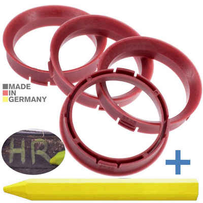 RKC Reifenstift 4X Zentrierringe Rot Felgen Ringe + 1x Reifen Kreide Fett Stift, Maße: 67,45 x 57,1 mm