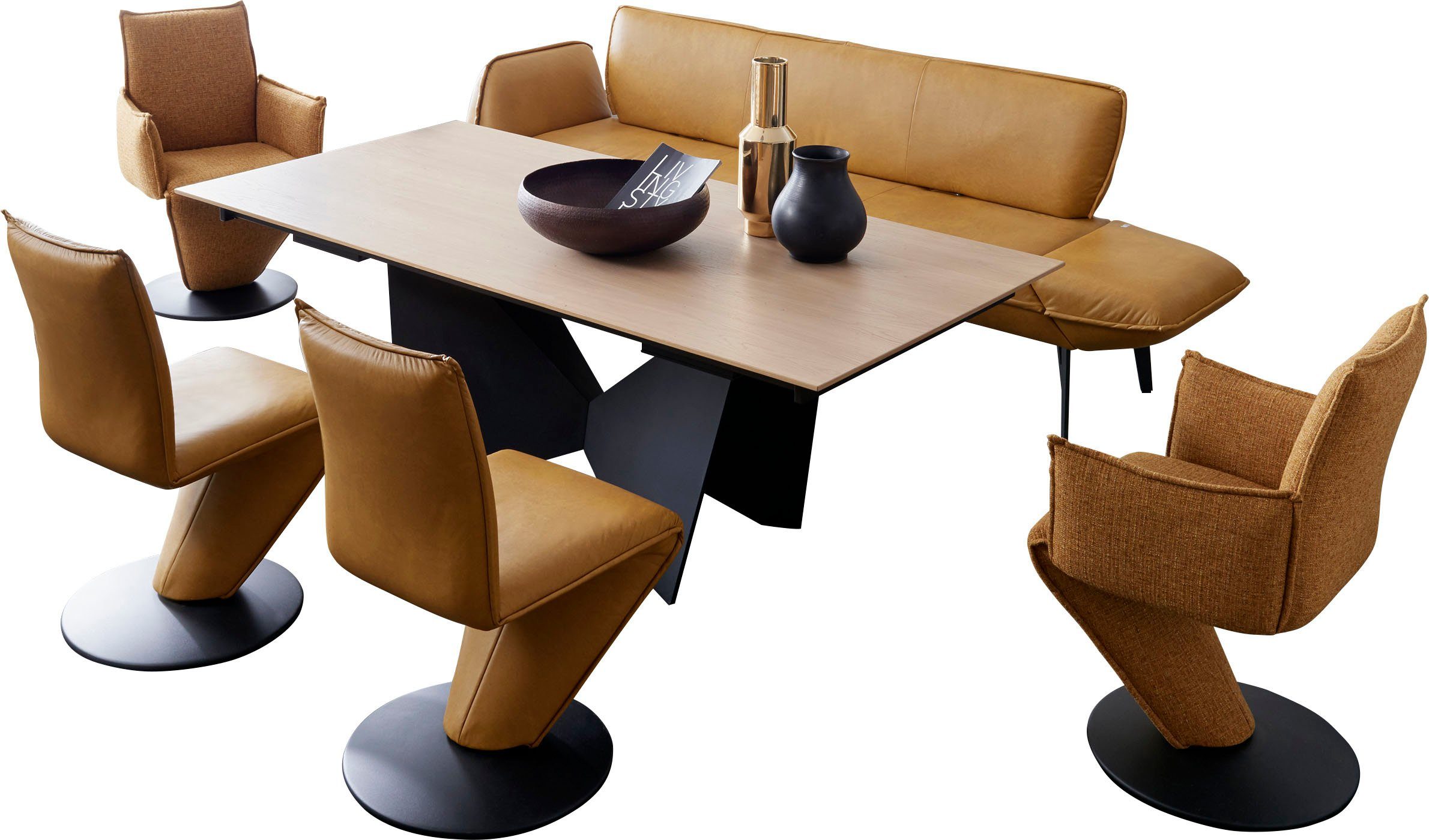 Tisch Komfort mit 2 Drive, K+W und curcuma71/cinnamon71 Drehsessel Drehstühle, (Set, Essgruppe Auszugfunktion 6-tlg), 200-300cm & 2 Wohnen