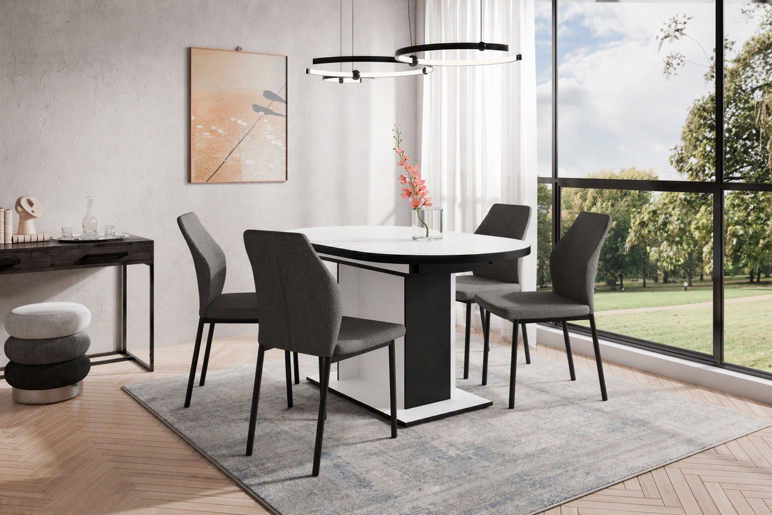 OTTO home Essgruppe Basel, Tischgruppe mit 4 Stühlen, Esstisch ausziehbar 140 - 180 cm, (Set, 5-tlg., Otto's DAUERTIEFPREIS), BESTSELLER, Sitzgruppe, Tisch, Stühle, ovale Tischplatte, Säulentisch