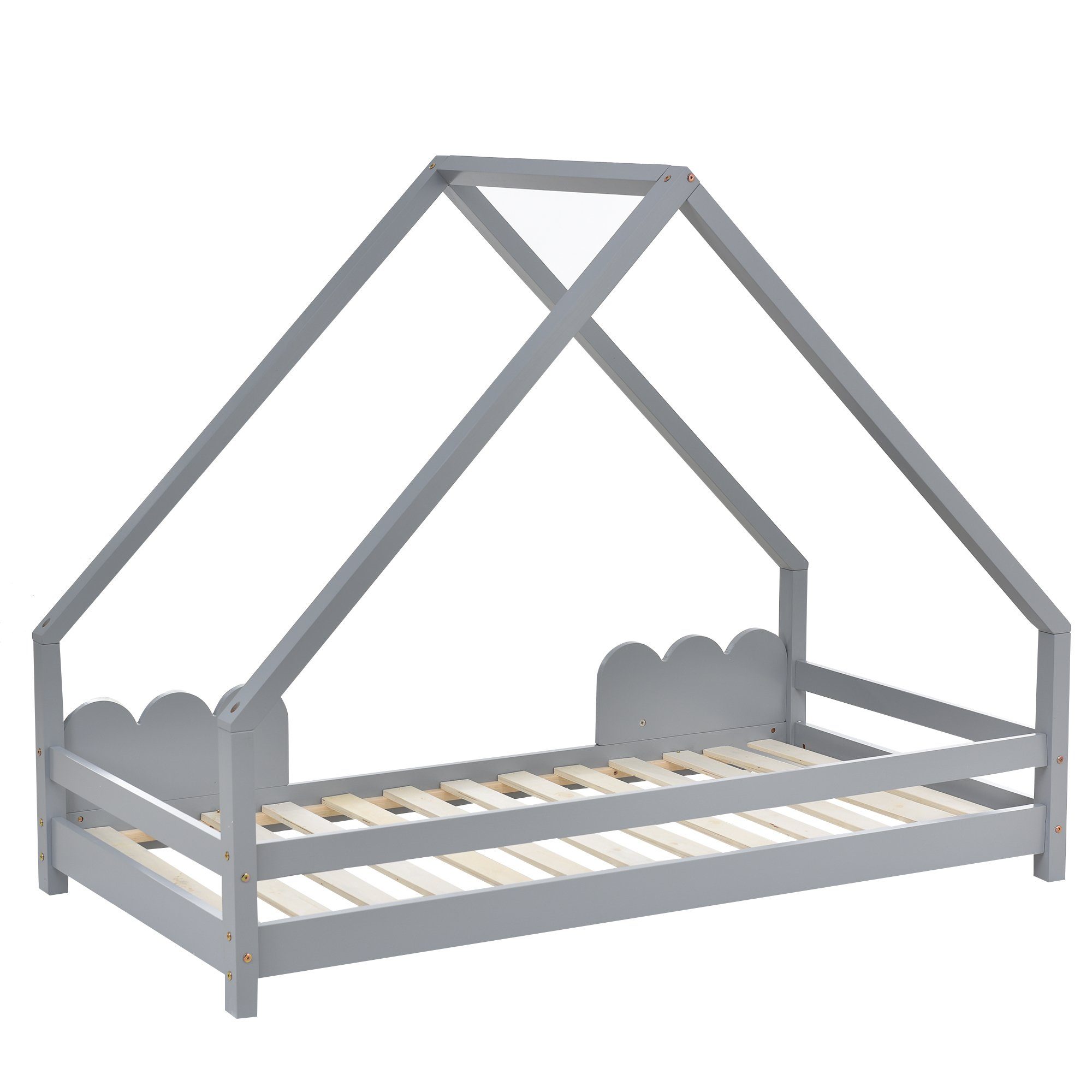 Einzelbett (1-tlg., Massivholzbett Kinderbett), Hausbett 80x160cm mit Rausfallschutz & Lattenrost, Hausoptik mit Dach