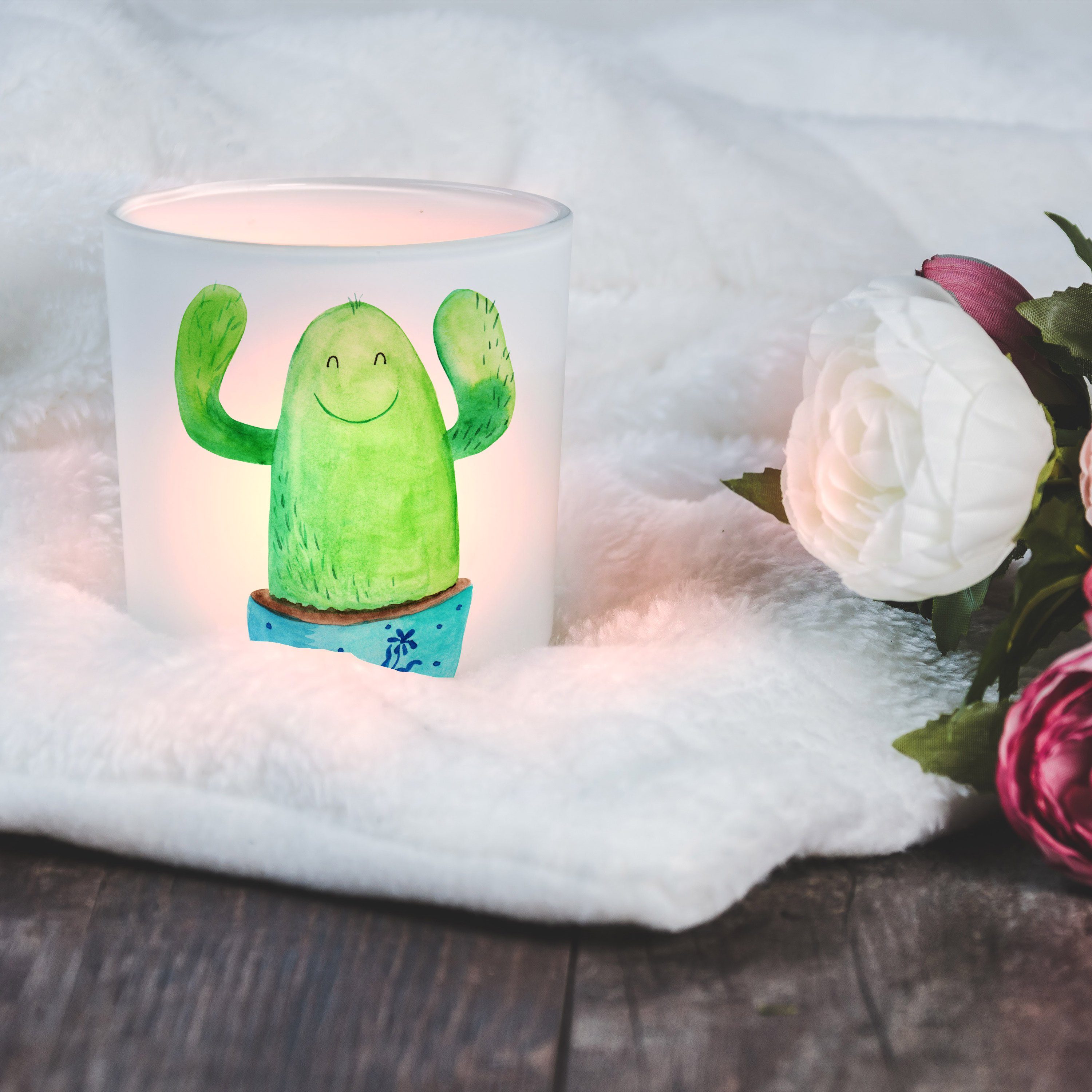 Mr. & Mrs. Panda Windlicht Kaktus Happy - Transparent - Geschenk, Teelichtglas, Teelichthalter, (1 St)