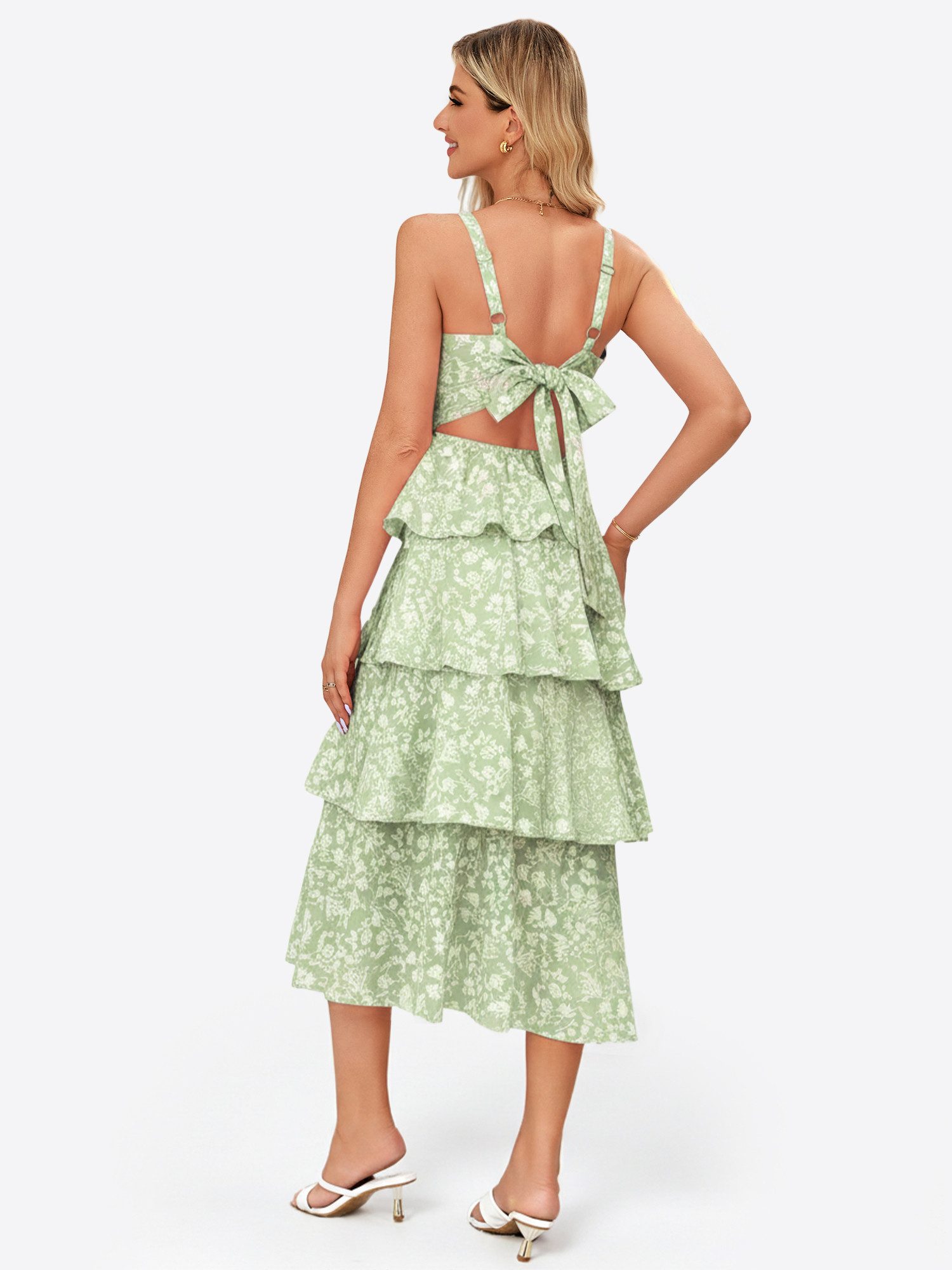 Imily Bela Maxikleid Damen Fließendes Mehrlagiges Kleid mit Rüschen (Packung, 1-tlg., 1per-Pack) Reißverschluss und Bänder hinten