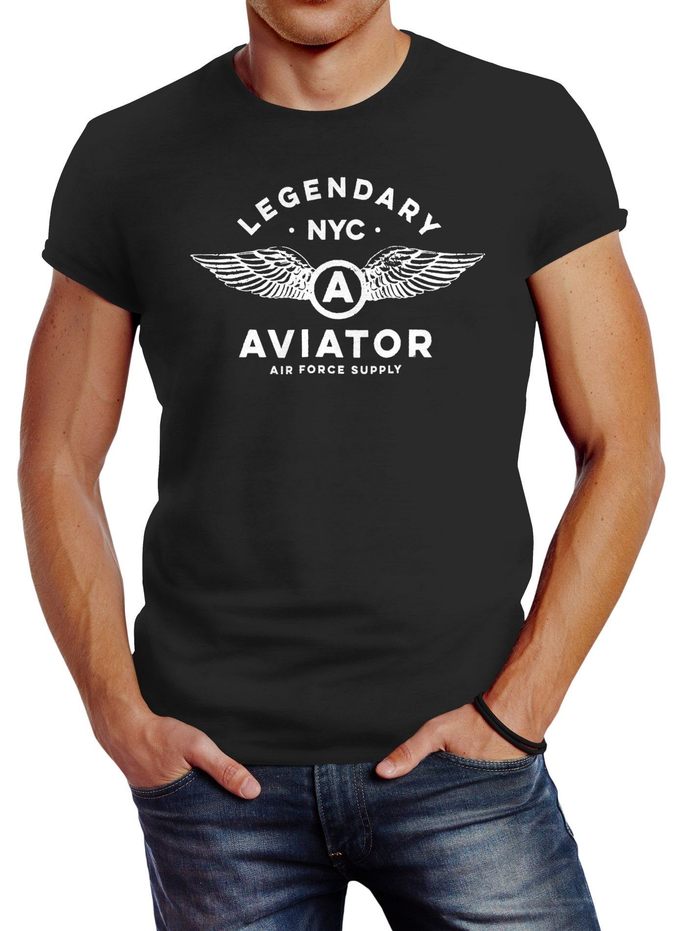 Streetstyle Neverless Neverless® Aviator Print Luftwaffe Fashion Flügel NYC Force Herren Print-Shirt schwarz Legendary mit Air T-Shirt