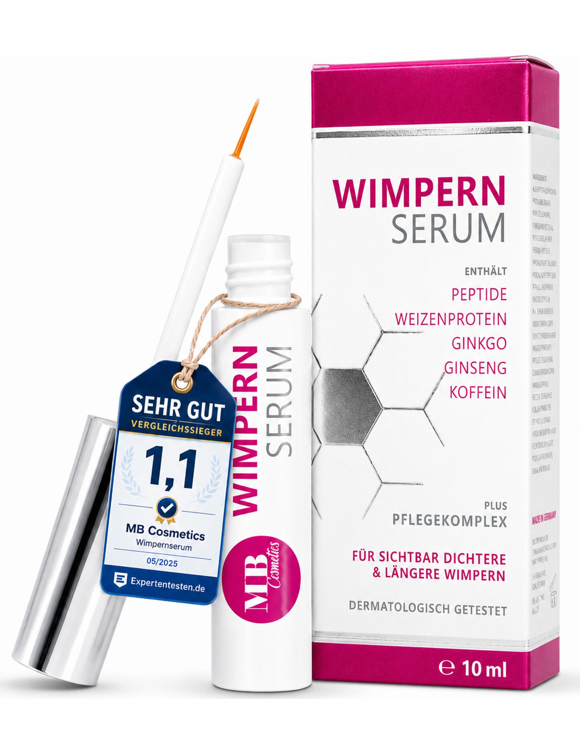 Medical Beauty Cosmetics Wimpernserum 10 ml Hormonfrei mit Hyaluron, Kollagen, Peptiden, Panthenol, Gingko, Dermatologisch getestet, schützt & kräftigt die Wimpern