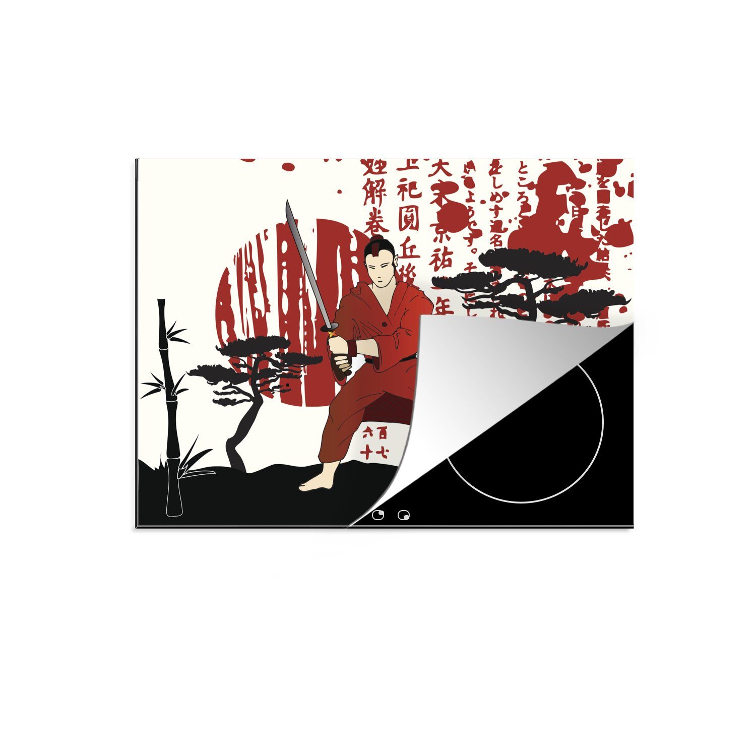 Eine Samurai, Herdblende-/Abdeckplatte Vinyl, Mobile Illustration 70x52 Ceranfeldabdeckung abstrakte des (1 MuchoWow nutzbar, tlg), cm, Arbeitsfläche