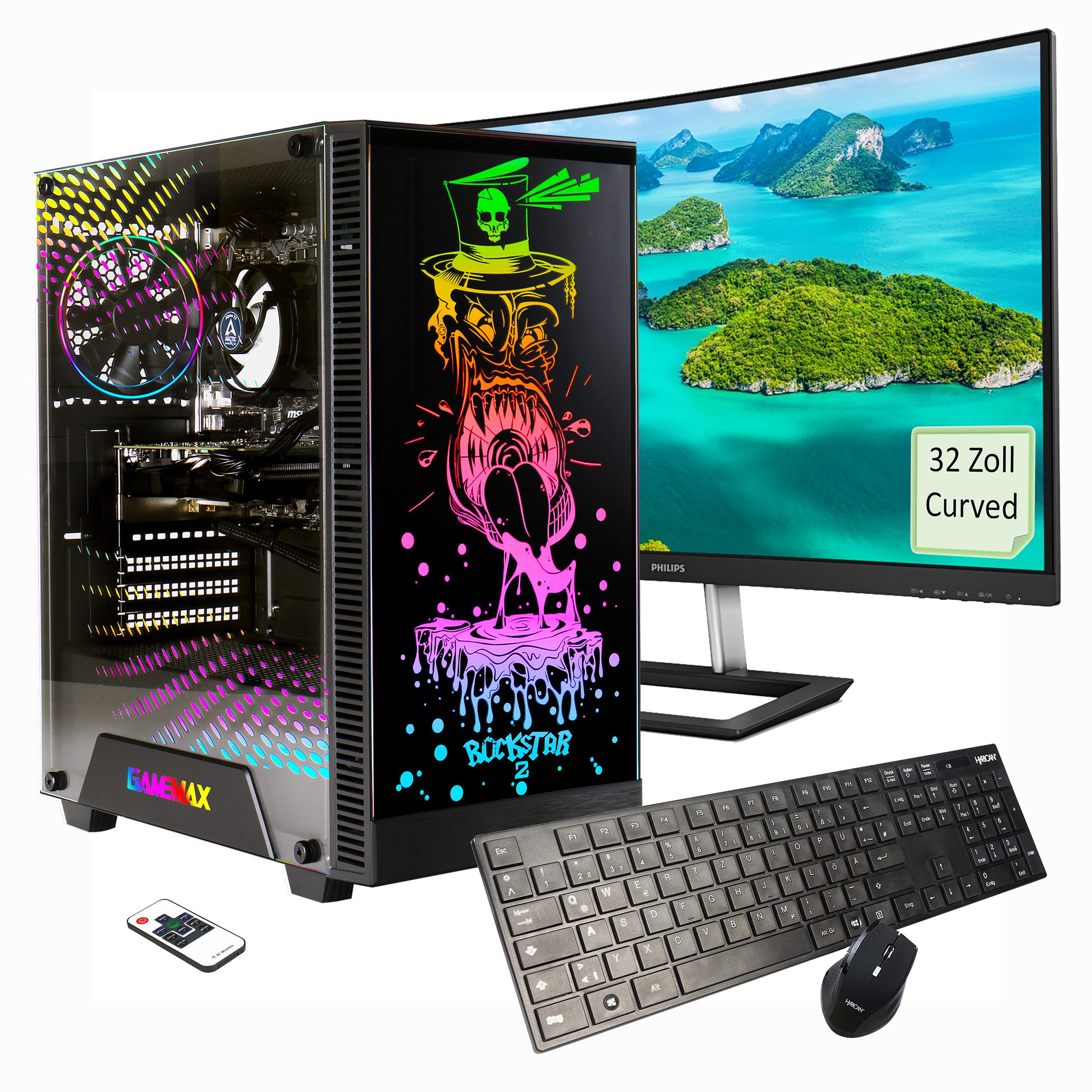 GAMEMAX Rockstar SET2464 PC-Komplettsystem (32", AMD Ryzen 5 5600G, Radeon Graphics, 16 GB RAM, 1000 GB SSD, Windows 11,inklusive 32" Curved Monitor Philips E-line 322E1C)