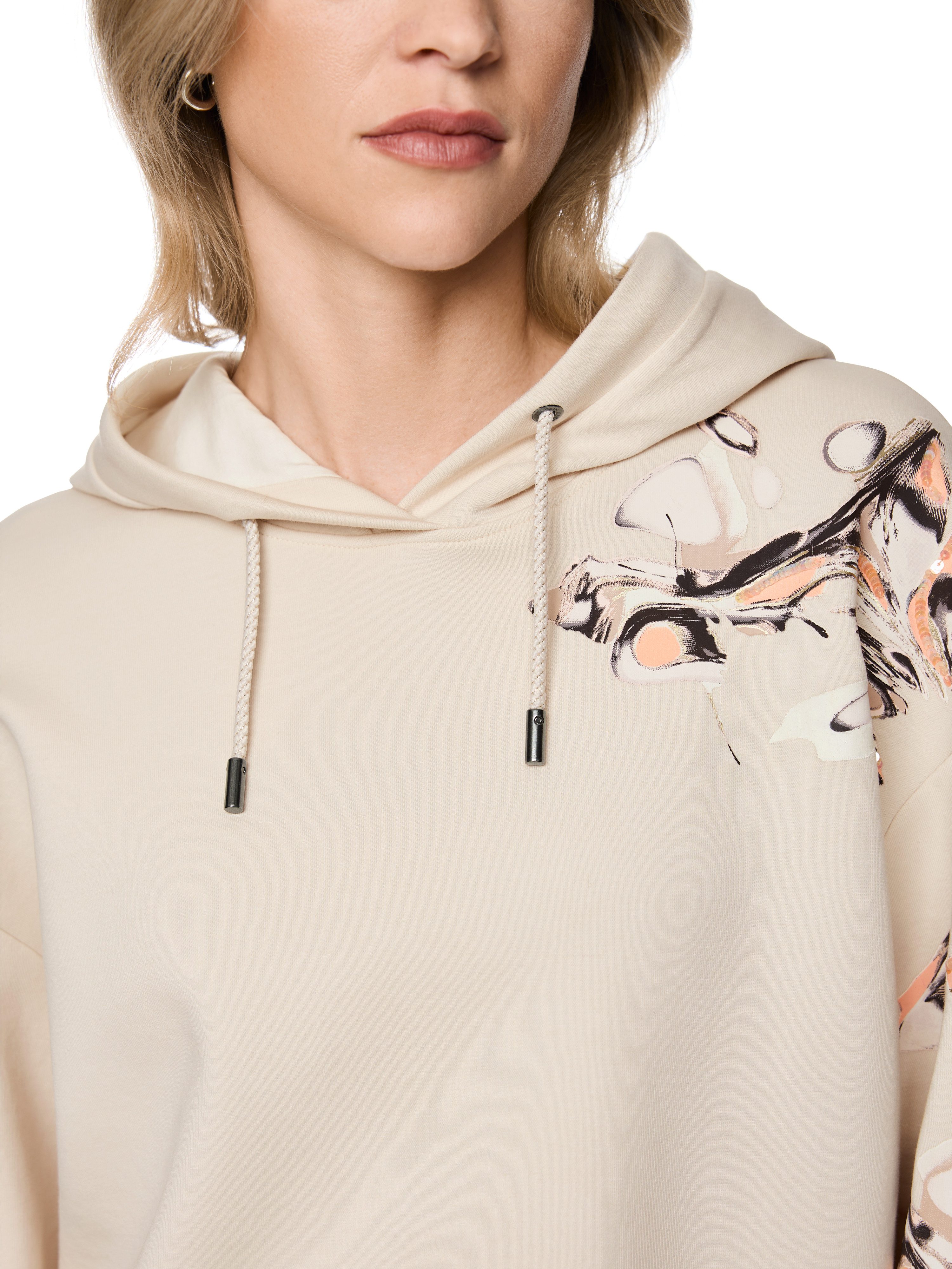 Marc Cain Kapuzensweatshirt Golden Hour Premium Damenmode oversize, modischer Print am Ärmel