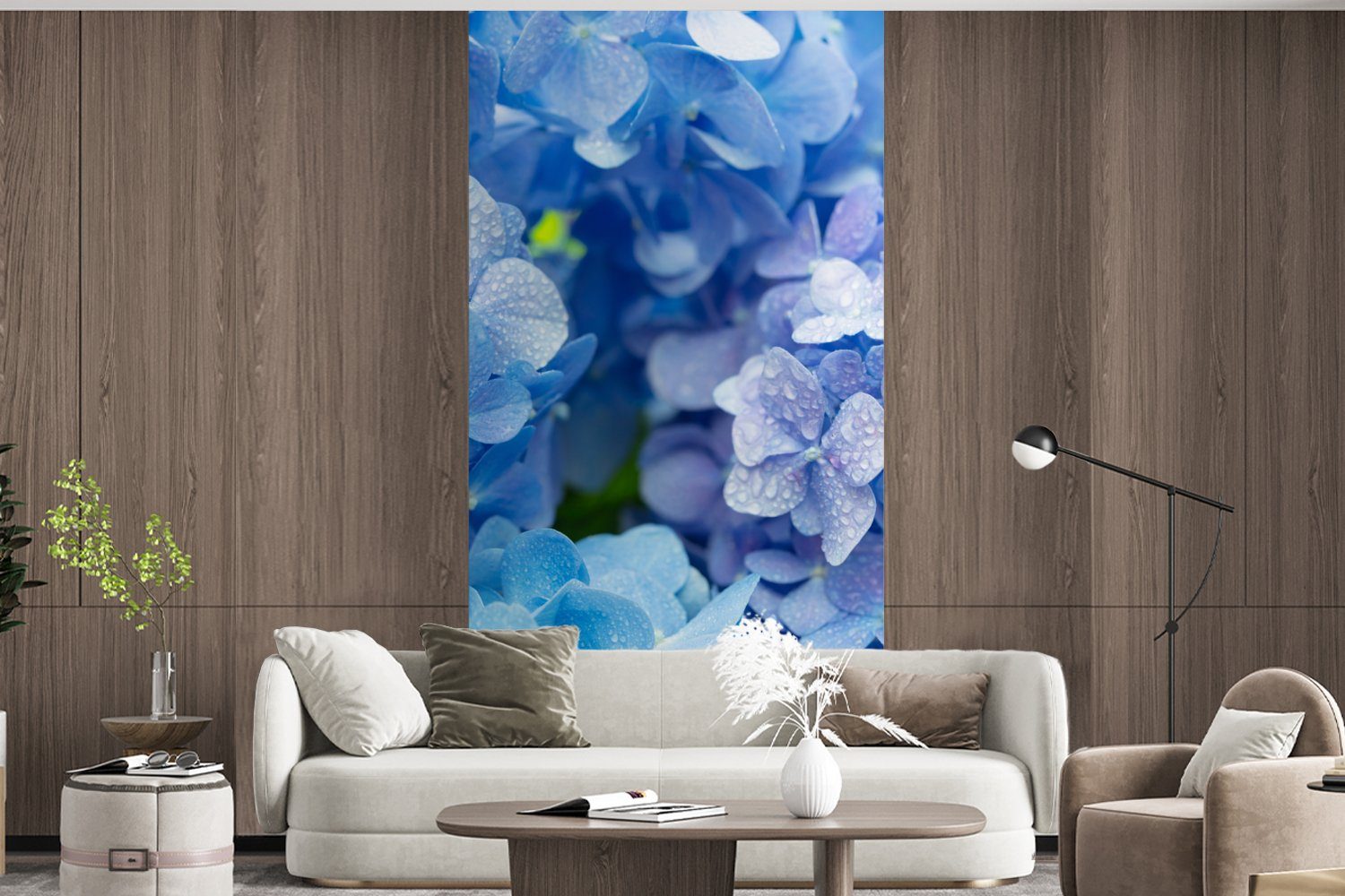 bedruckt, MuchoWow Matt, - Fototapete - - Schlafzimmer Küche, Hortensie Fototapete St), Wassertropfen Floral für Wohnzimmer Botanisch - (2 Blau, Vliestapete
