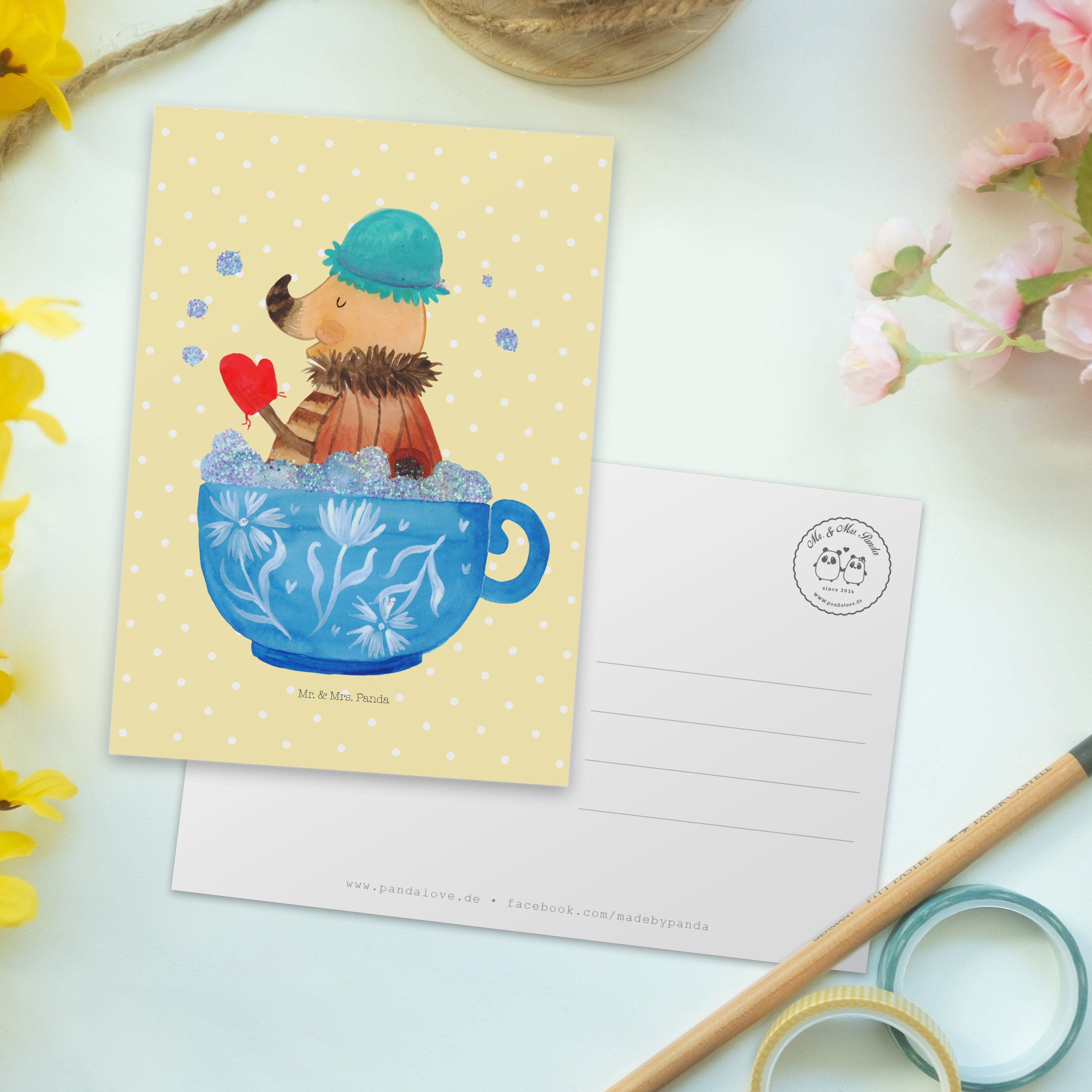 Mr. - WC, Einladungskarte & Nachtfalter Schaumbad Panda Geschenk, Gelb Pastell - Postkarte Mrs.