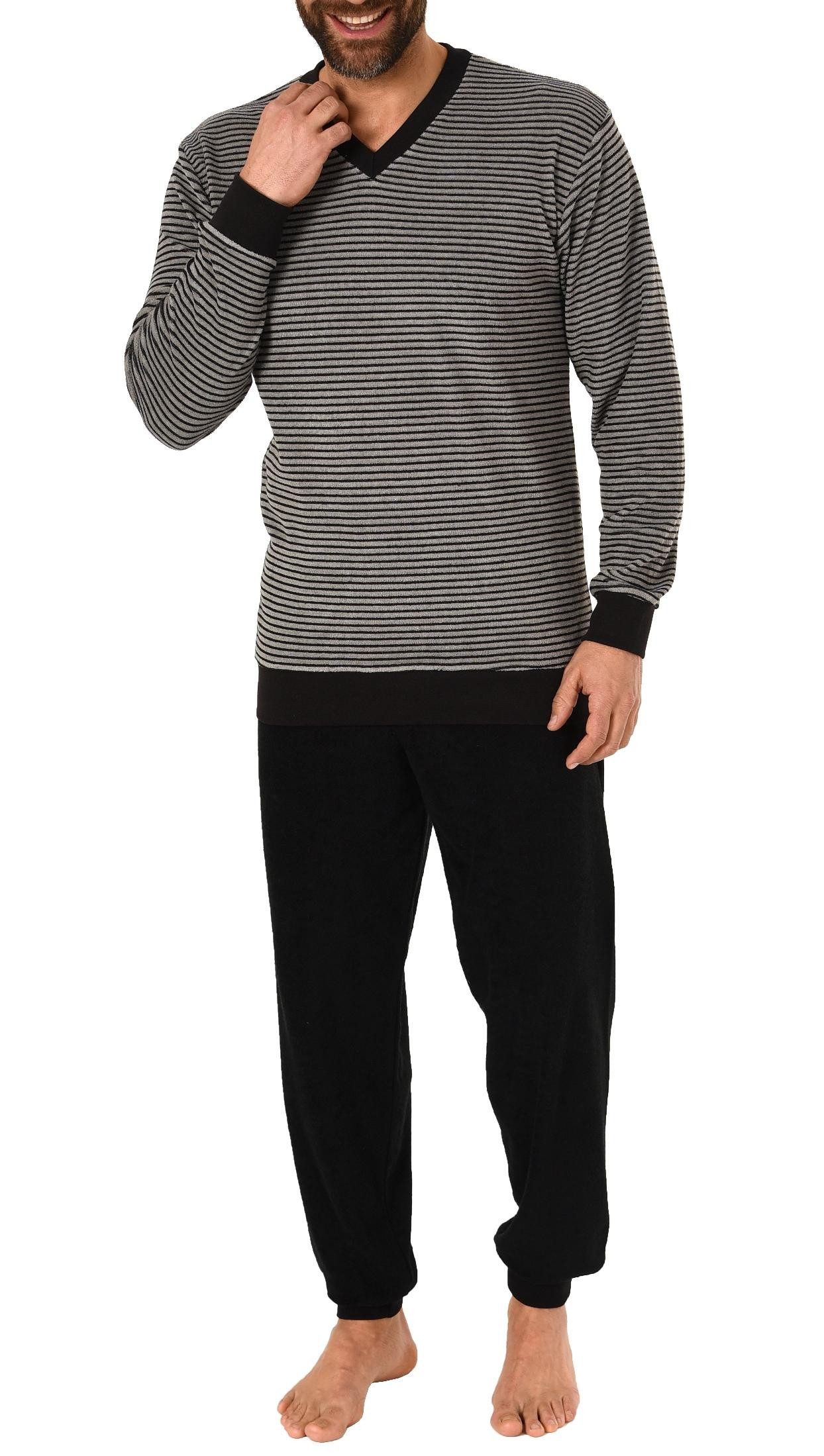 Normann Pyjama Herren Frottee Pyjama langarm mit Bündchen in Ringel Optik